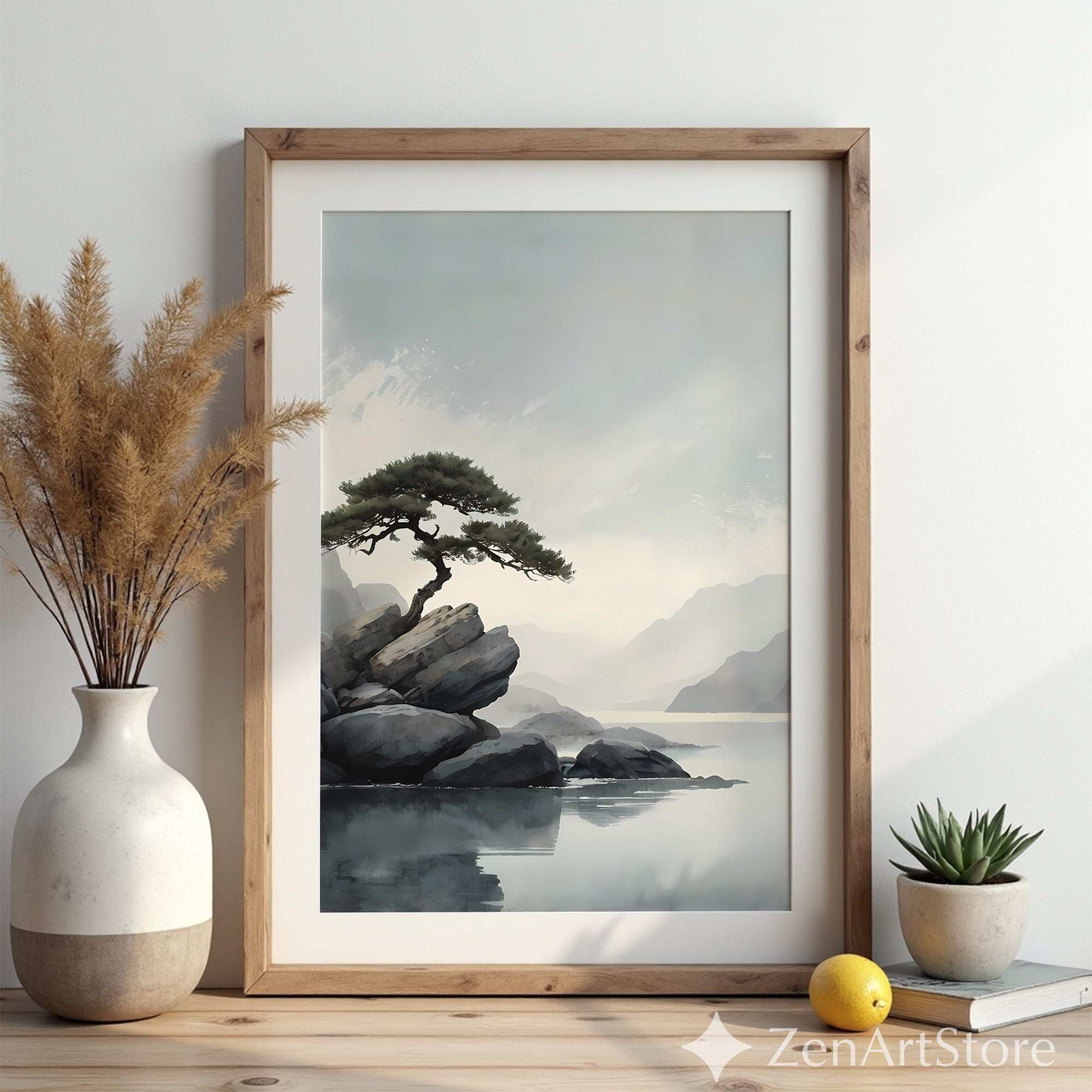 Zen Minimalist Landscape Print Lone Pine on Rocks - Japandi Scandinavian Wall Art Neutral Calm Home Decor