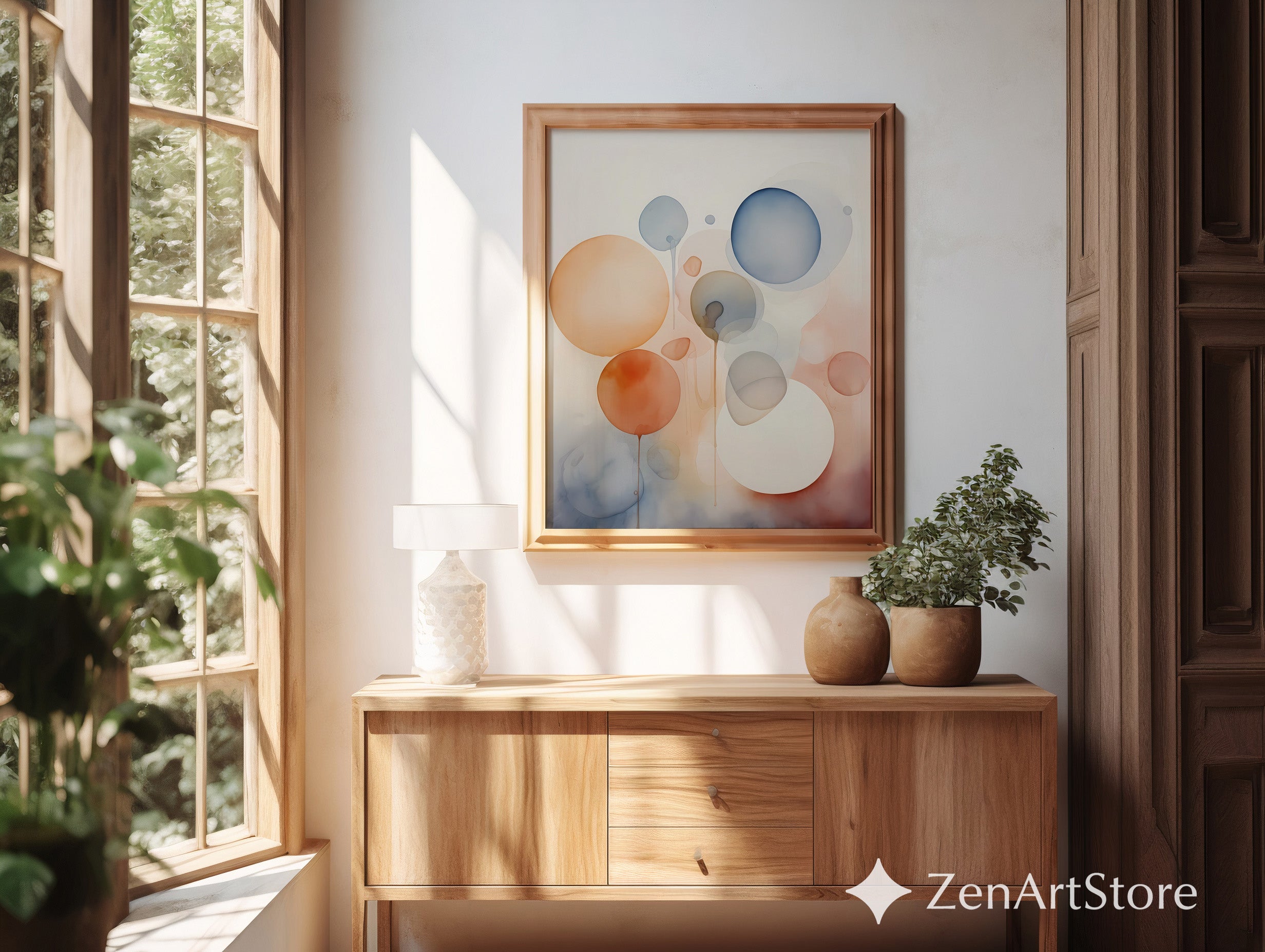 Minimalist Abstract Circles Art - Neutral Watercolor Wall Art in Beige Blue Orange for Japandi Scandinavian Boho Home Decor