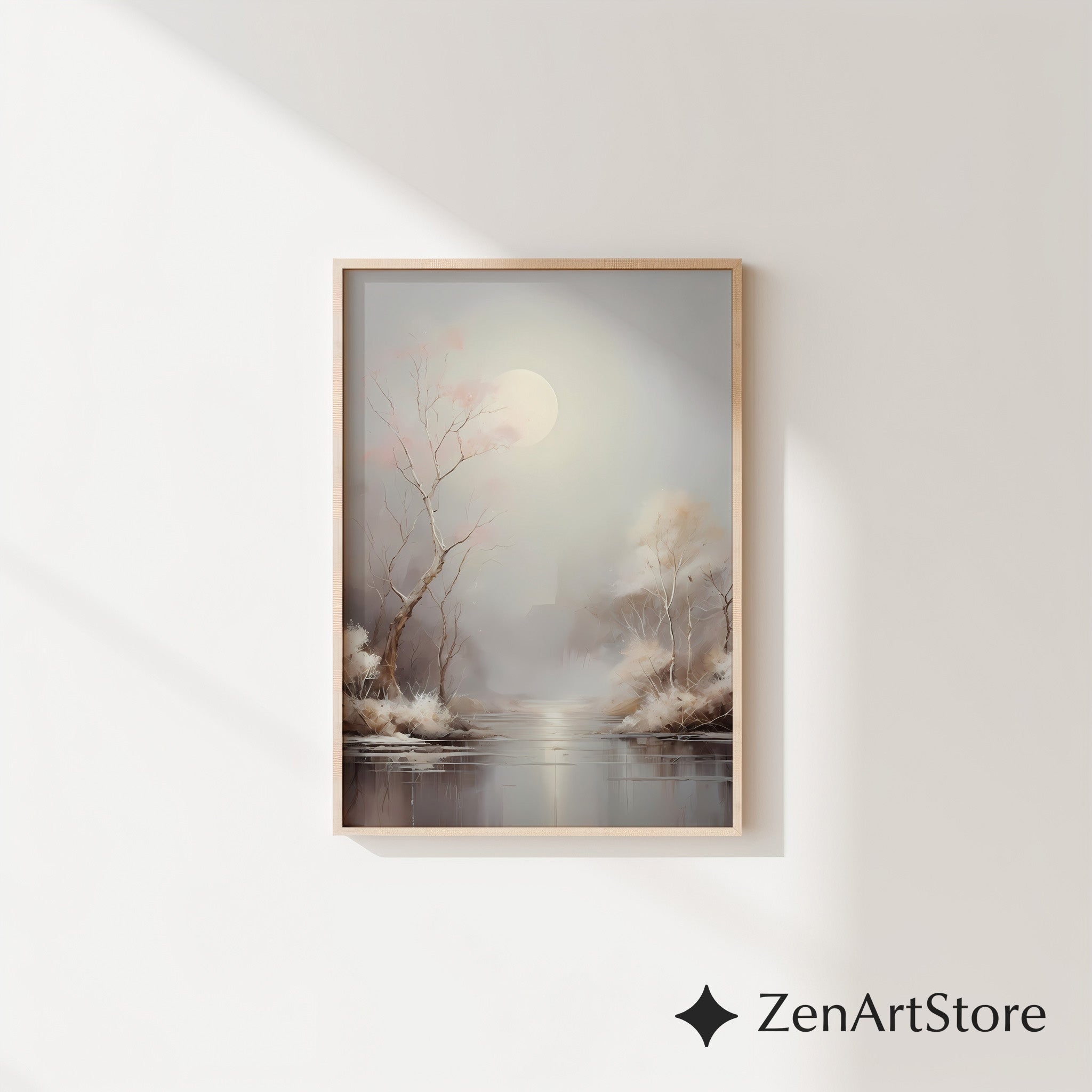 Moonlit Minimal Landscape Art Print - Japandi Neutral Wall Decor, Calming Beige & Blush Tree Canvas for Living Room or Bedroom