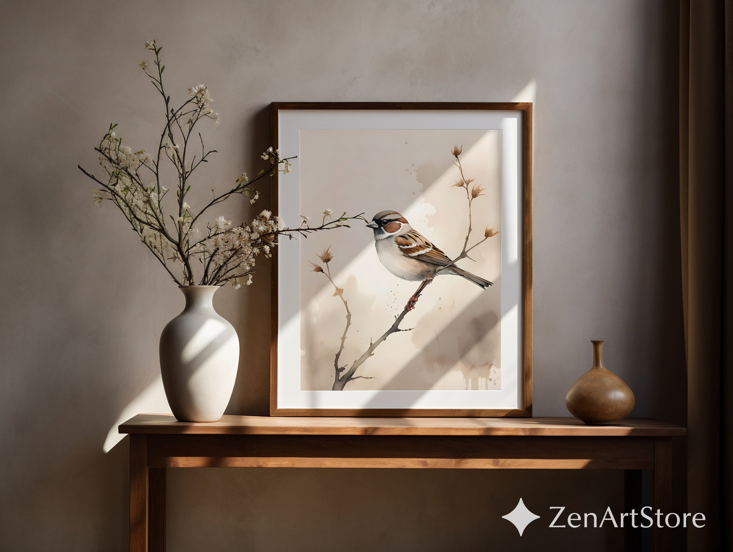 Sparrow Watercolor Print | Minimal Neutral Bird Wall Art for Living Room, Nursery, Japandi Scandinavian Home Decor