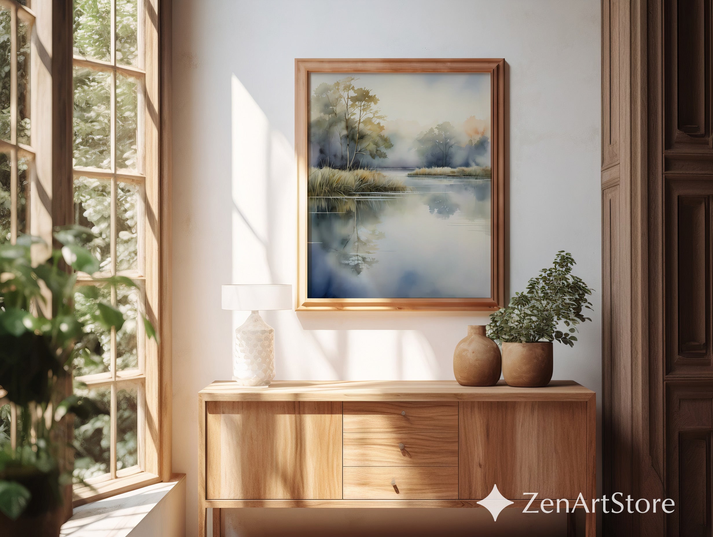 Misty Lake Watercolor Print — Serene Neutral Landscape Wall Art, Vertical Japandi Zen Minimalist Decor for Living Room & Bedroom