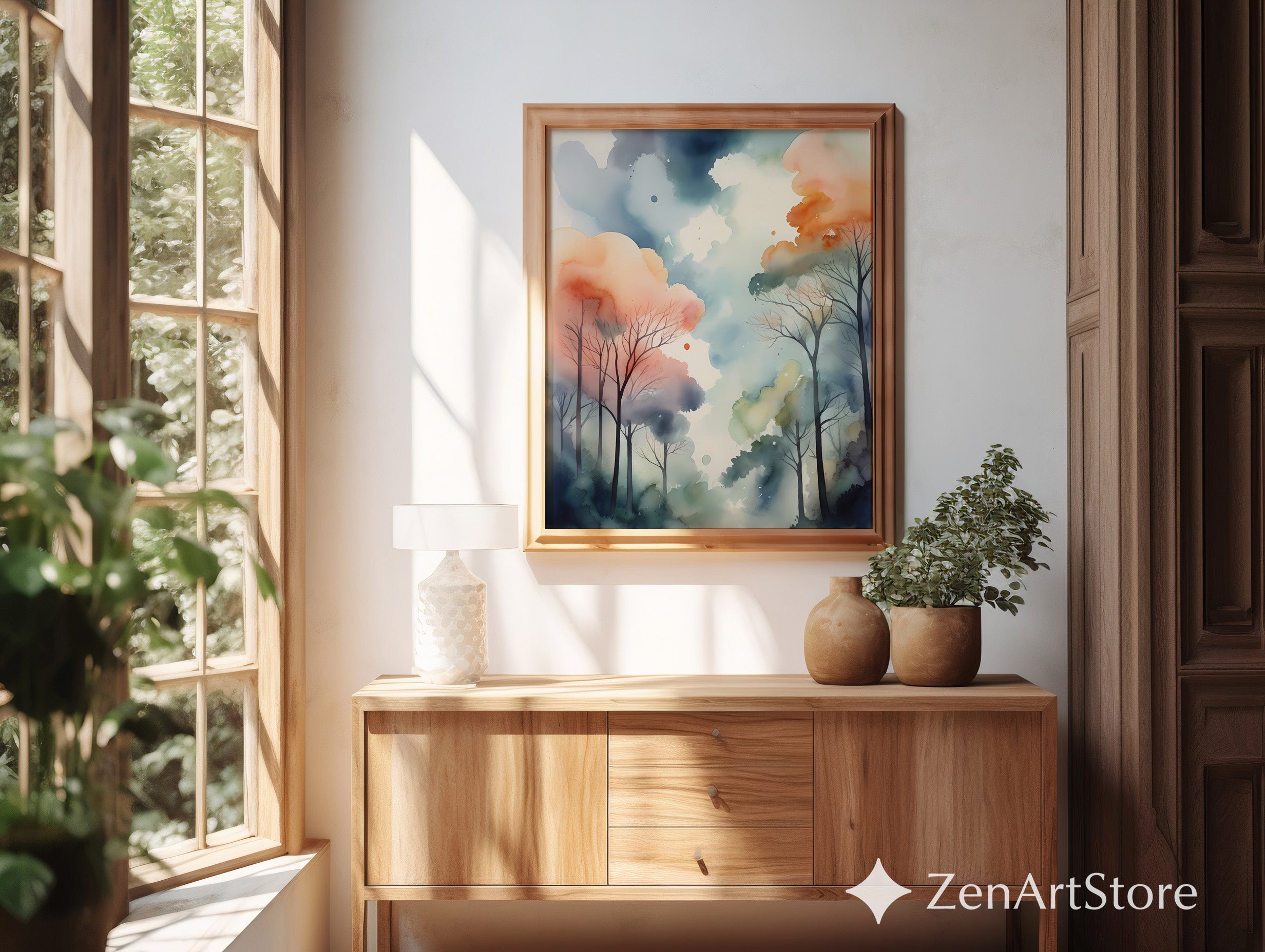 Misty Watercolor Forest Print — Pastel Abstract Trees Wall Art for Living Room, Bedroom, Nursery (Zen Japandi Minimal)