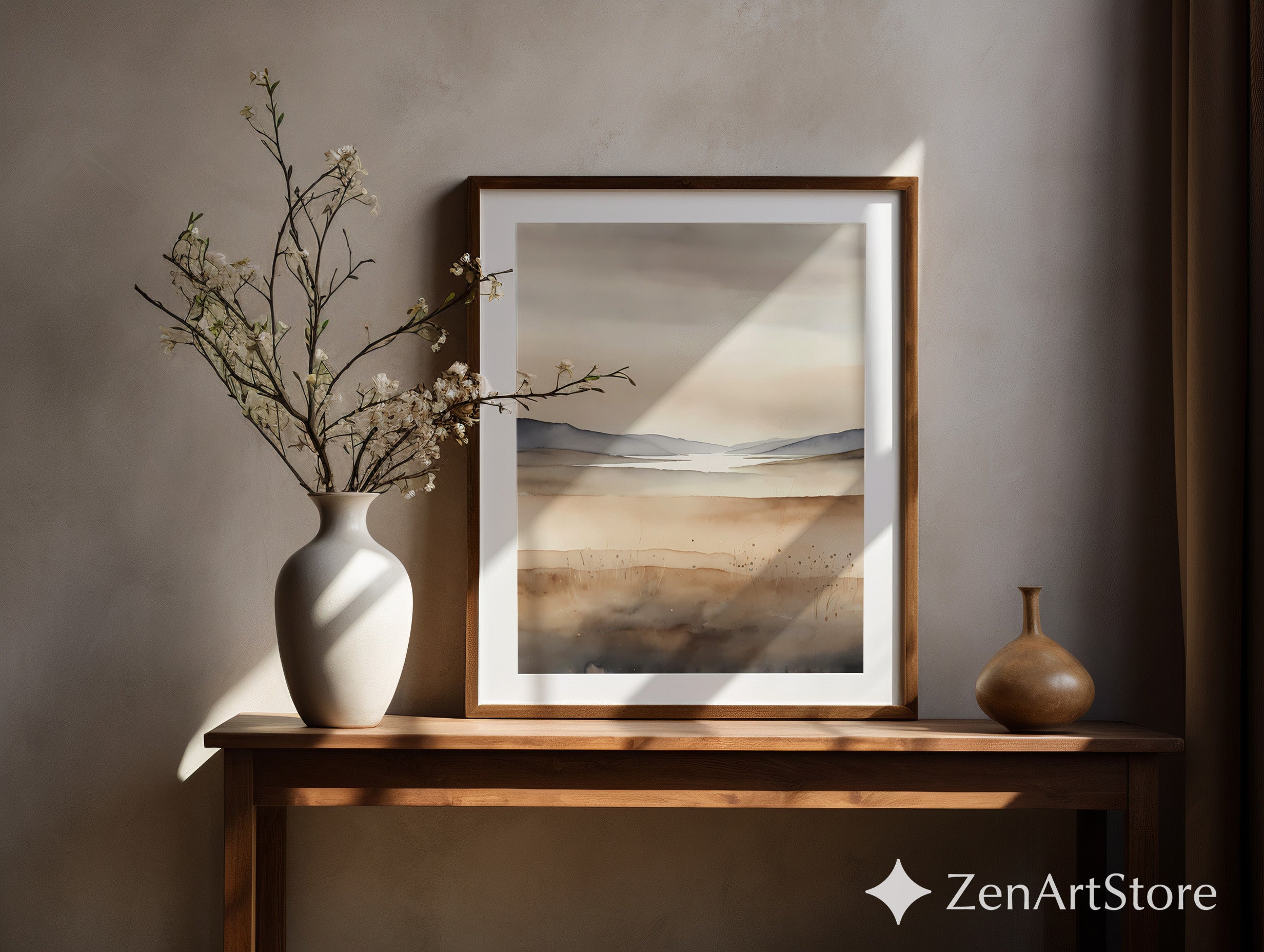 Neutral Watercolor Landscape Print - Minimal Beige & Gray Wall Art for Living Room, Japandi Scandinavian Home Decor
