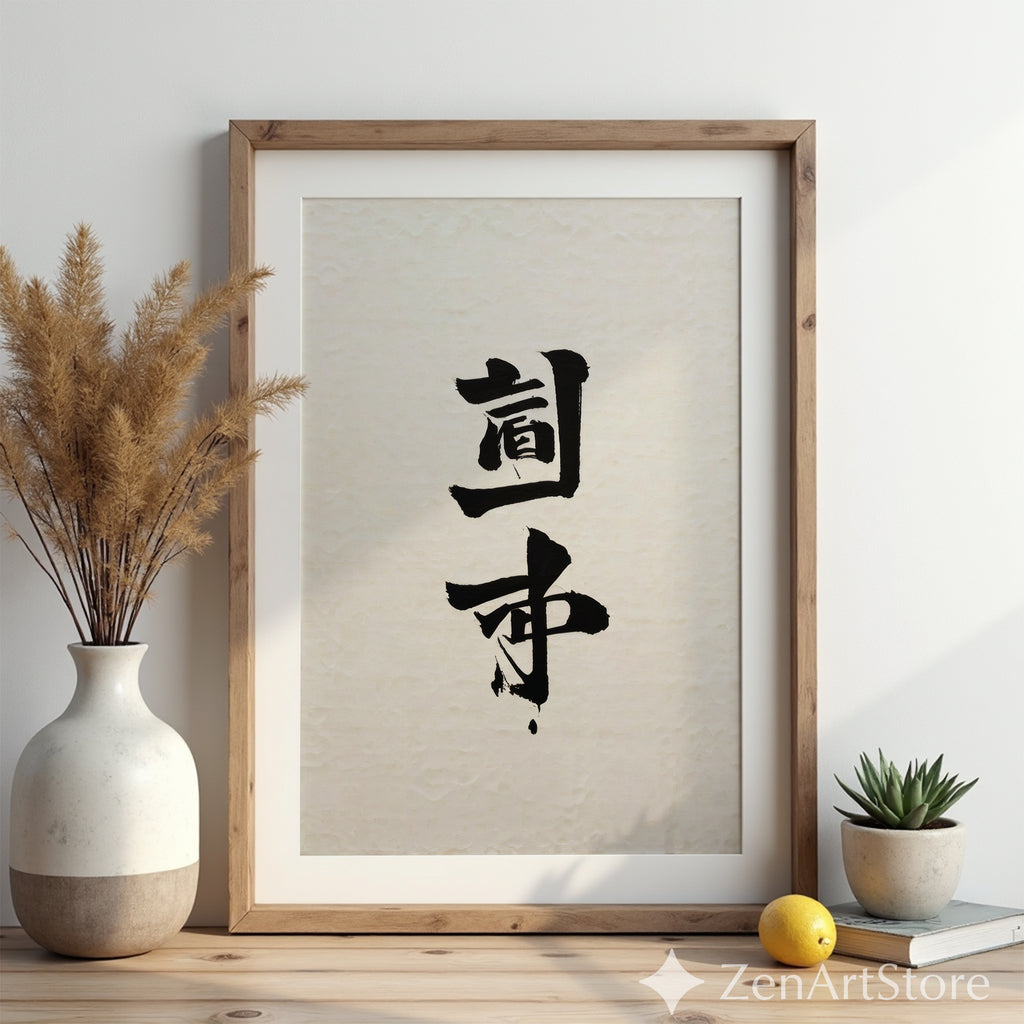 Minimal Japanese Calligraphy Wall Art Print | Zen Black Ink Kanji on Textured Beige Paper | Wabi-Sabi Japandi Neutral Home Decor