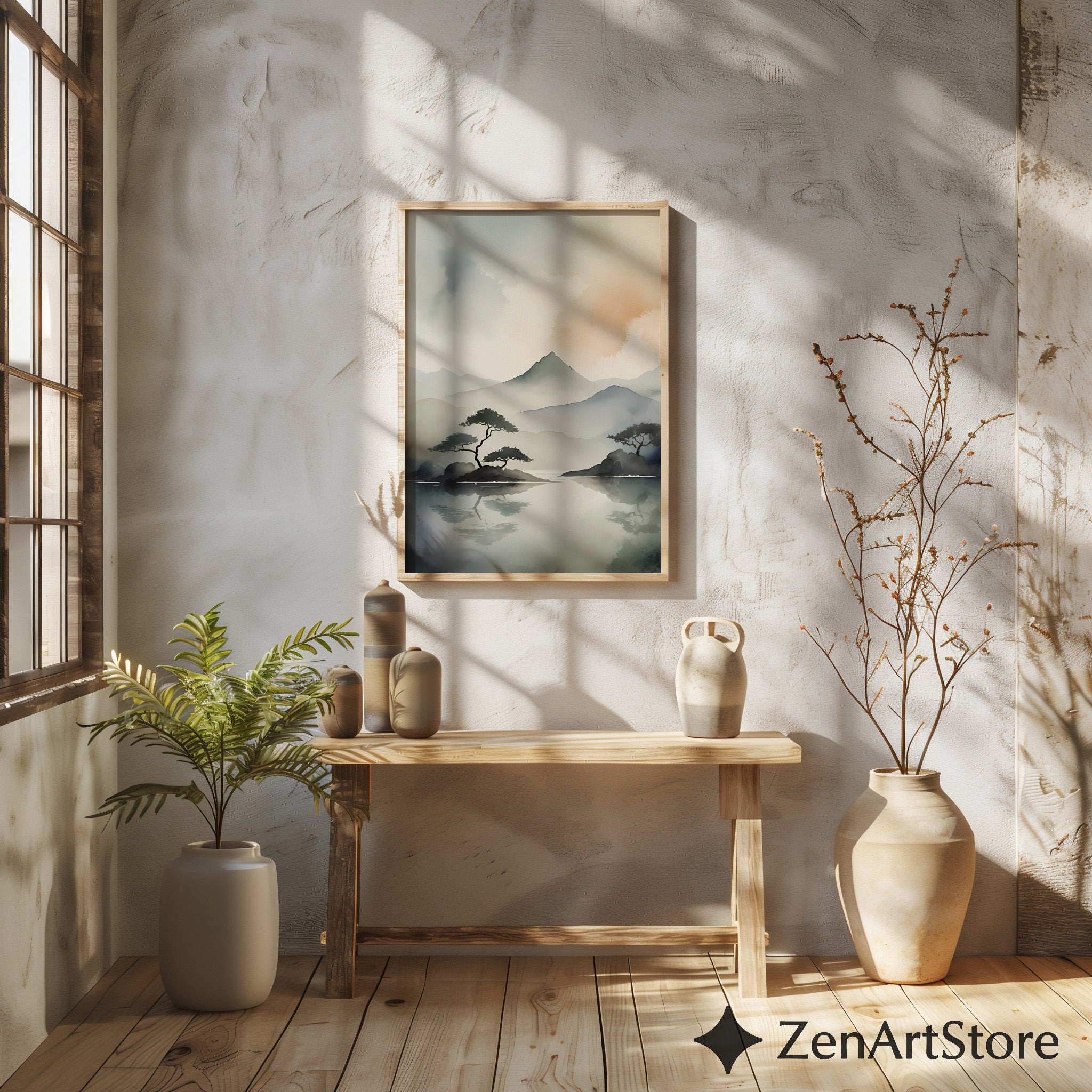 Zen Minimal Watercolor Mountain Print - Japandi Neutral Landscape Wall Art for Living Room