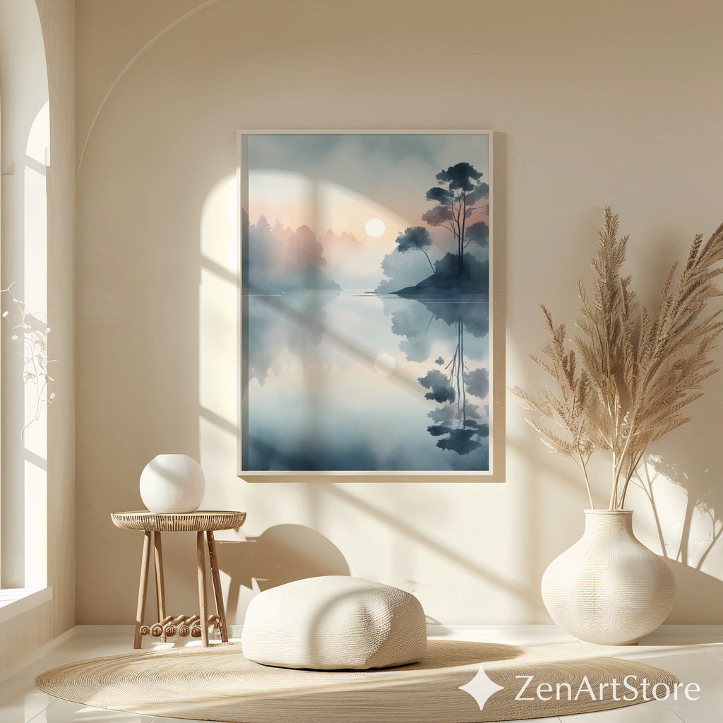Misty Lake Sunrise Minimal Landscape Print - Calm Japandi Wall Art, Neutral Scandinavian Reflection