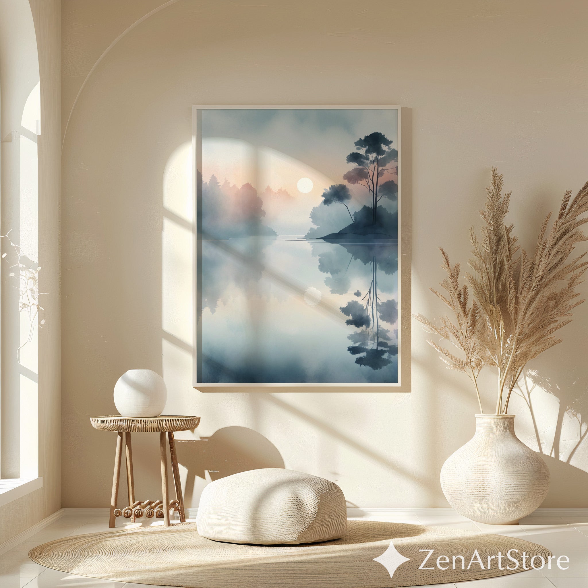Misty Lake Sunrise Minimal Landscape Print - Calm Japandi Wall Art, Neutral Scandinavian Reflection
