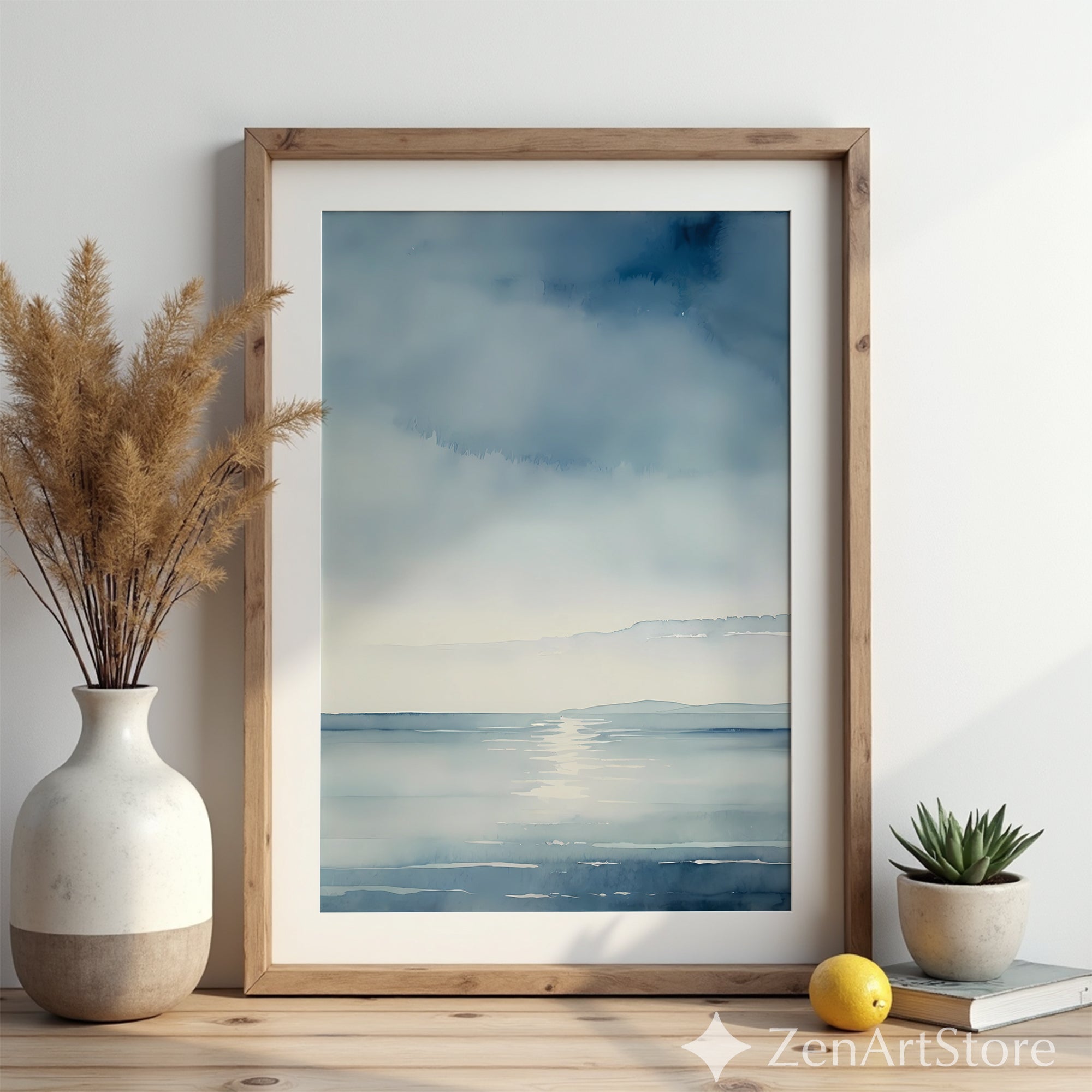 Calm Blue Seascape Watercolor Print - Minimal Coastal Wall Art for Living Room, Beach House, Japandi Decor