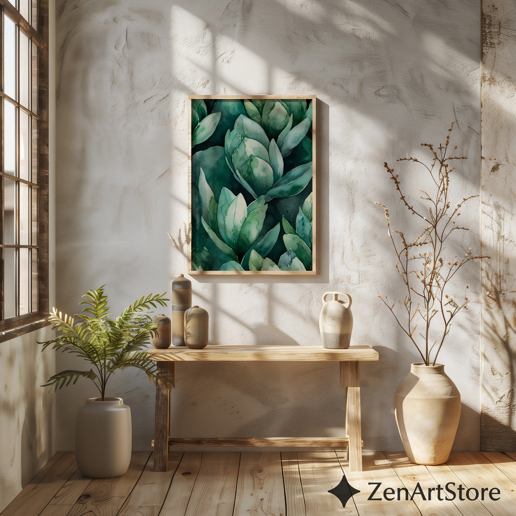 Teal Succulent Watercolor Print - Botanical Green Wall Art, Modern Japandi Printable for Living Room & Bedroom
