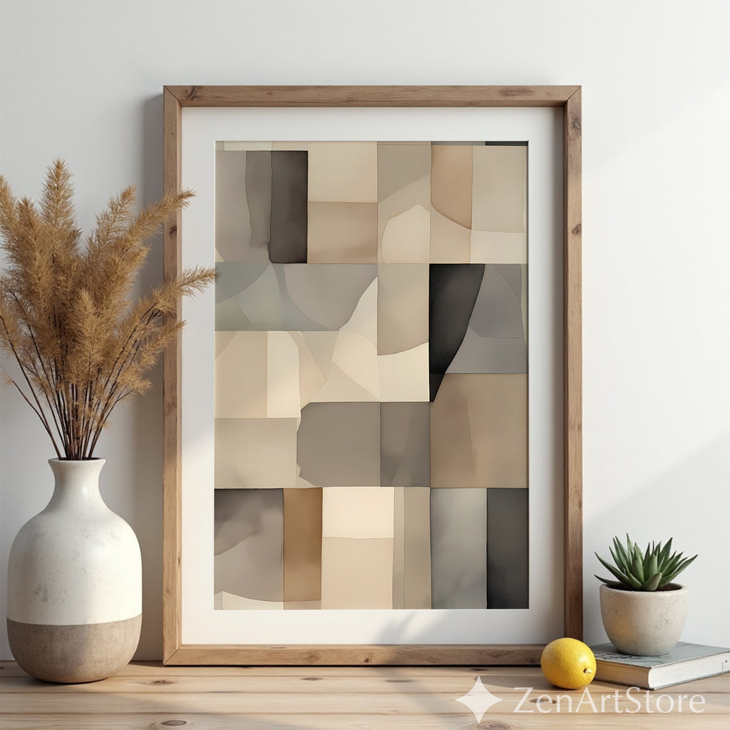 Neutral Abstract Patchwork Wall Art - Minimal Beige Brown Geometric Print for Japandi & Scandinavian Home Decor