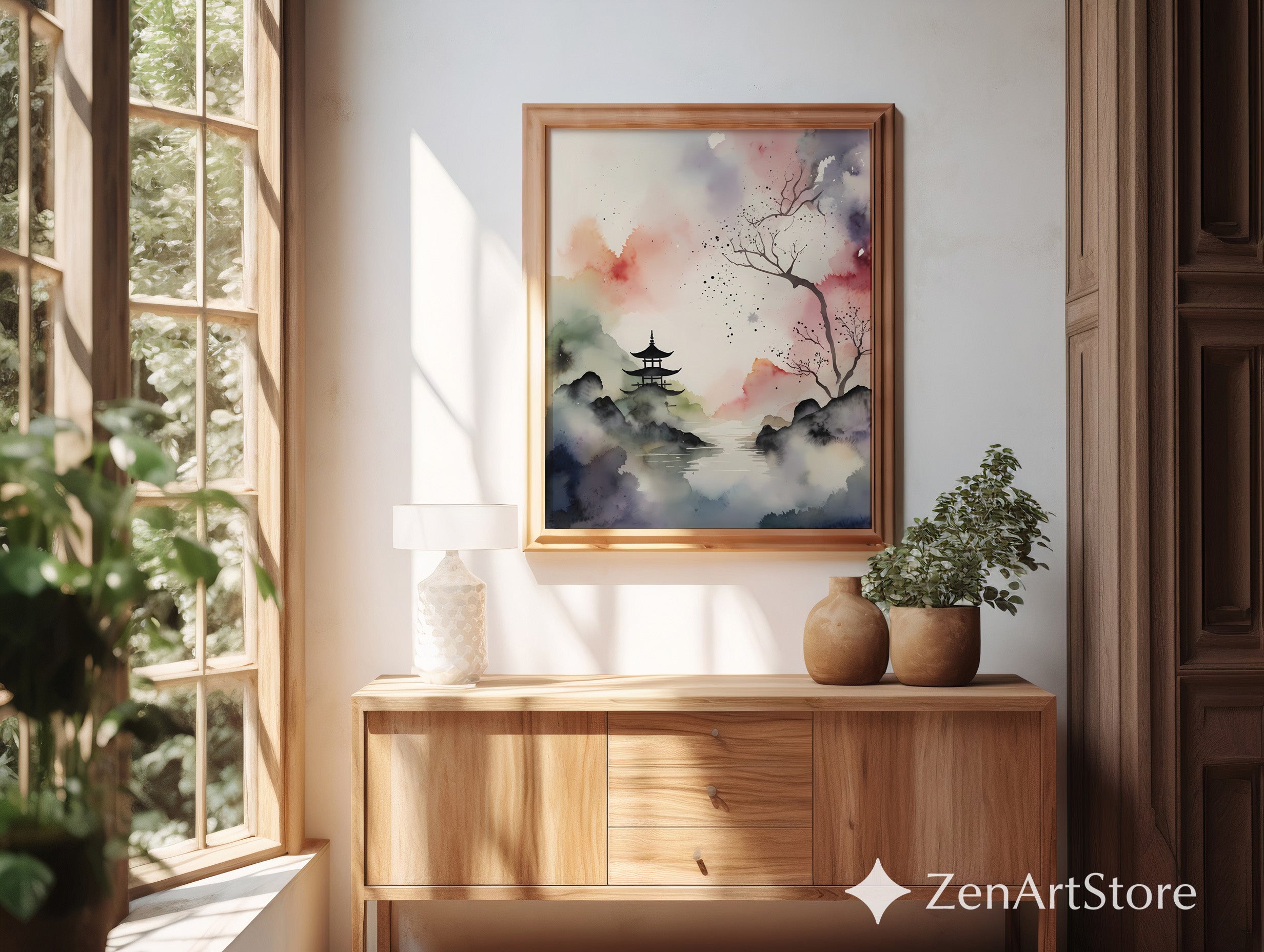 Japanese Watercolor Pagoda Print - Zen Mist Landscape Wall Art, Minimal Japandi Neutral Home Decor