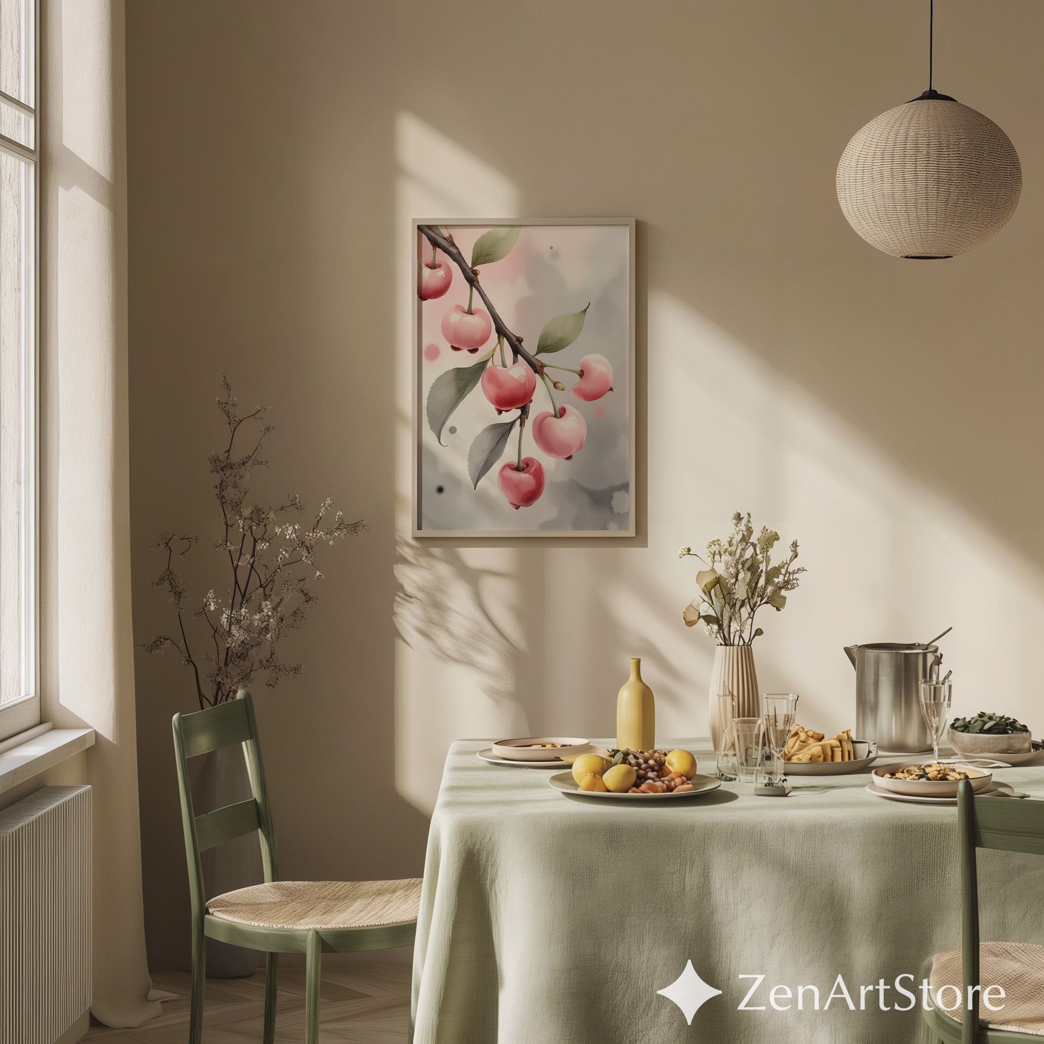 Pink Cherry Art Print Minimal Botanical Wall Art Pastel Fruit Poster for Kitchen Nursery Japandi Scandinavian Home Decor