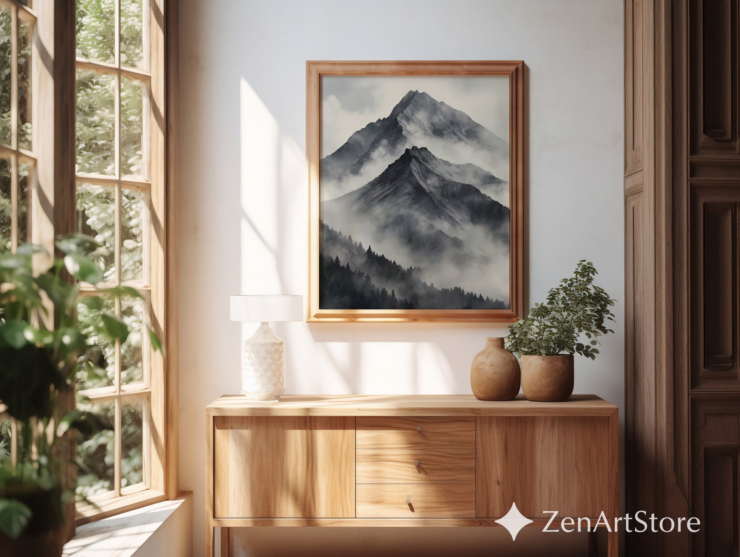 Misty Mountain Wall Art - Minimal Black & White Landscape Print, Japandi Scandinavian Neutral Mountain Decor for Living Room & Bedroom