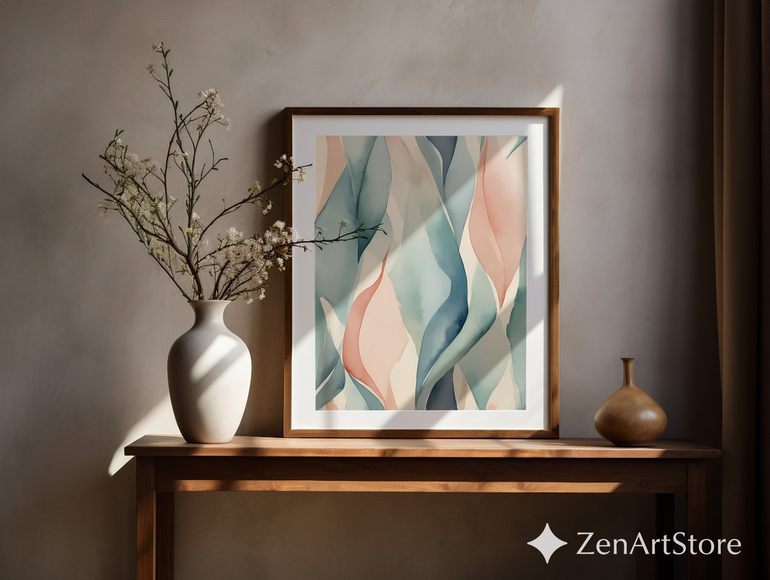 Soft Abstract Leaf Watercolor Print - Blush & Teal Minimal Wall Art for Living Room, Japandi Scandinavian Home Decor