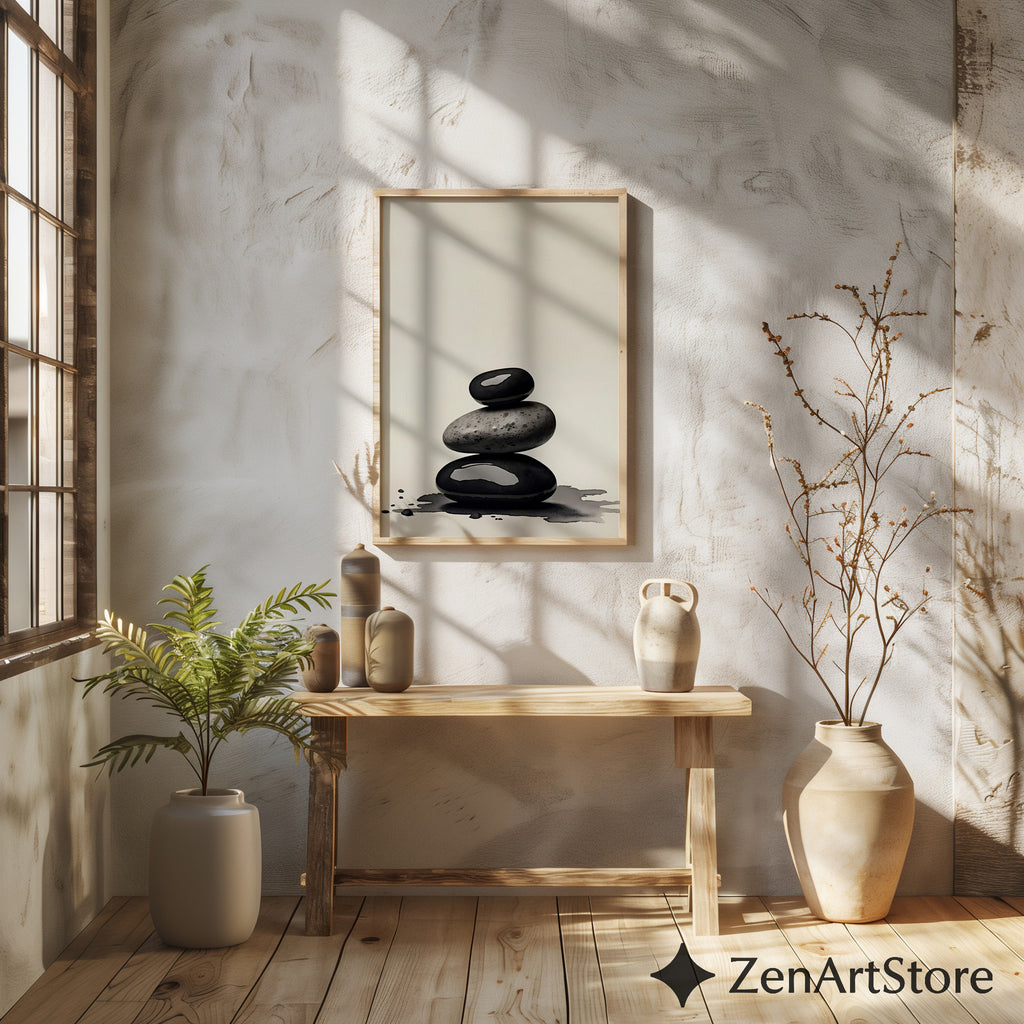 Zen Stone Stack Print - Minimal Black & Beige Spa Wall Art, Wabi Sabi Japandi Neutral Home Decor