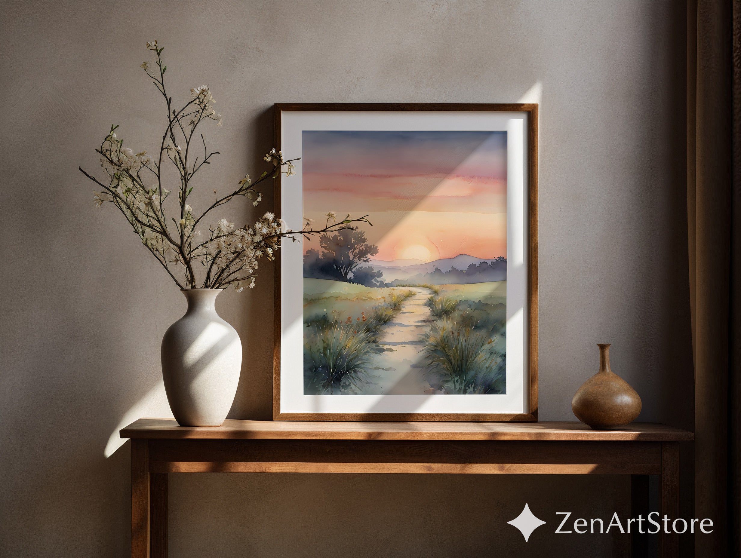 Serene Watercolor Sunrise Path Landscape Print - Calming Neutral Wall Art for Living Room, Japandi Minimal Decor