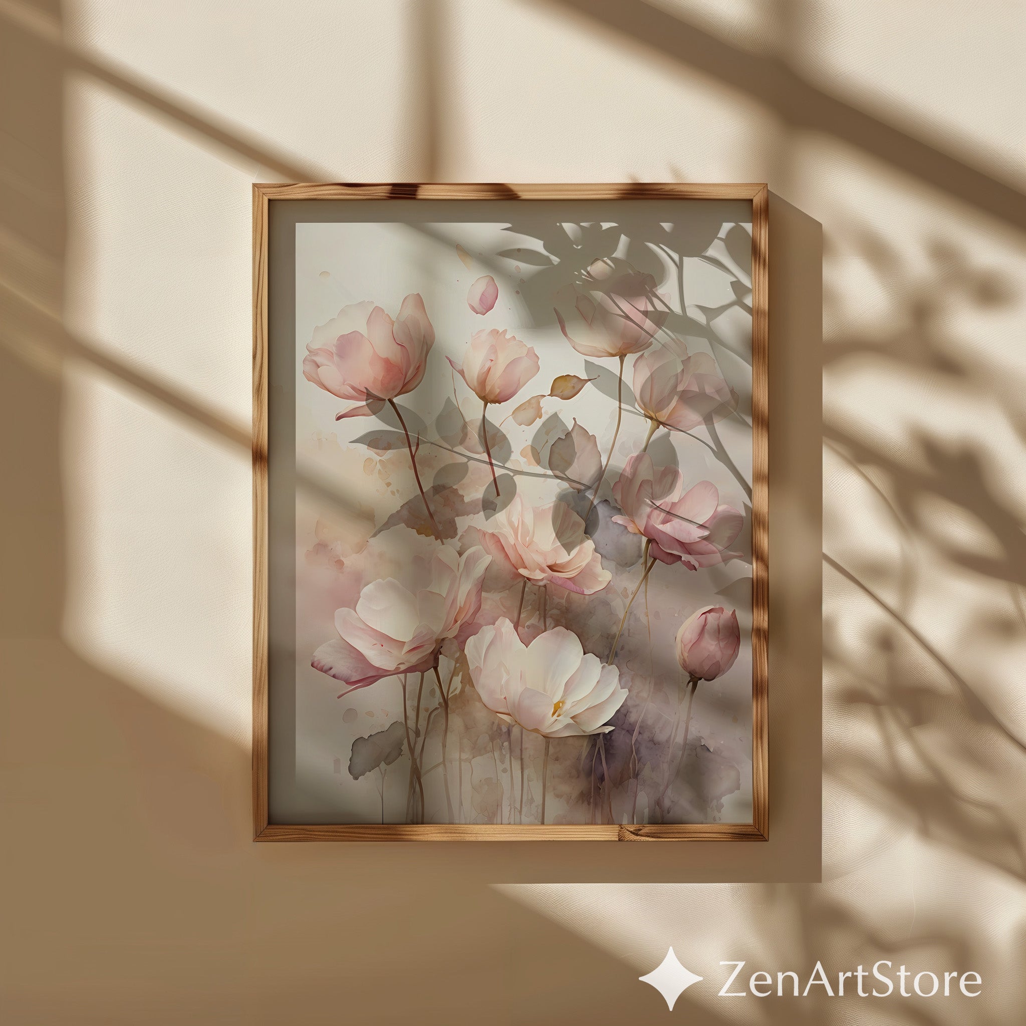 Blush Pink Floral Wall Art Print - Soft Watercolor Flowers Neutral Botanical Decor for Bedroom Living Room, Modern Japandi Minimal