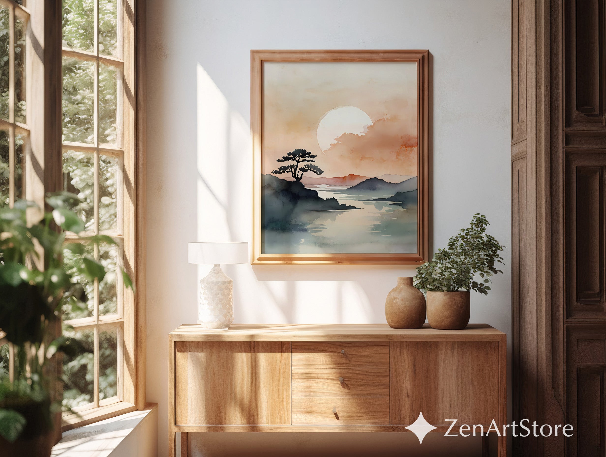 Zen Watercolor Landscape Print - Minimal Japandi Sunset Moon Wall Art, Calming Neutral Home Decor