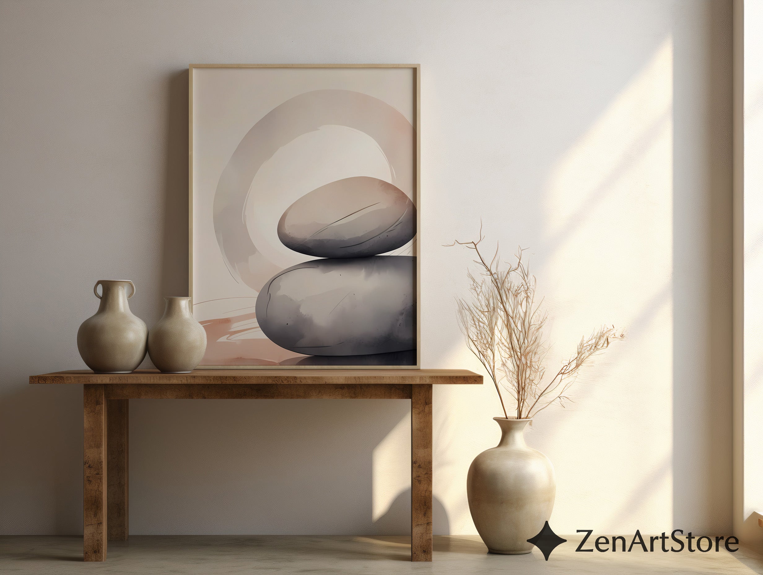 Minimal Zen Stone Stack Wall Art - Neutral Abstract Printable, Wabi Sabi Japandi Home Decor