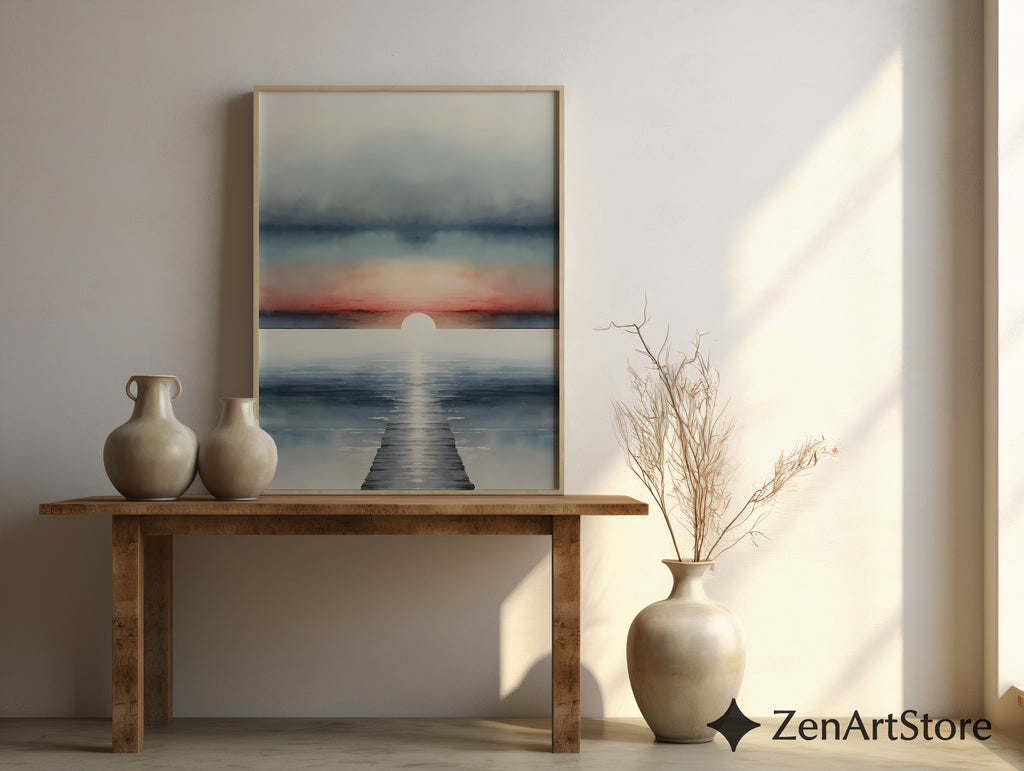 Serene Sunrise Seascape Print - Minimal Coastal Wall Art, Pier Horizon, Modern Japandi Zen Living Room Decor