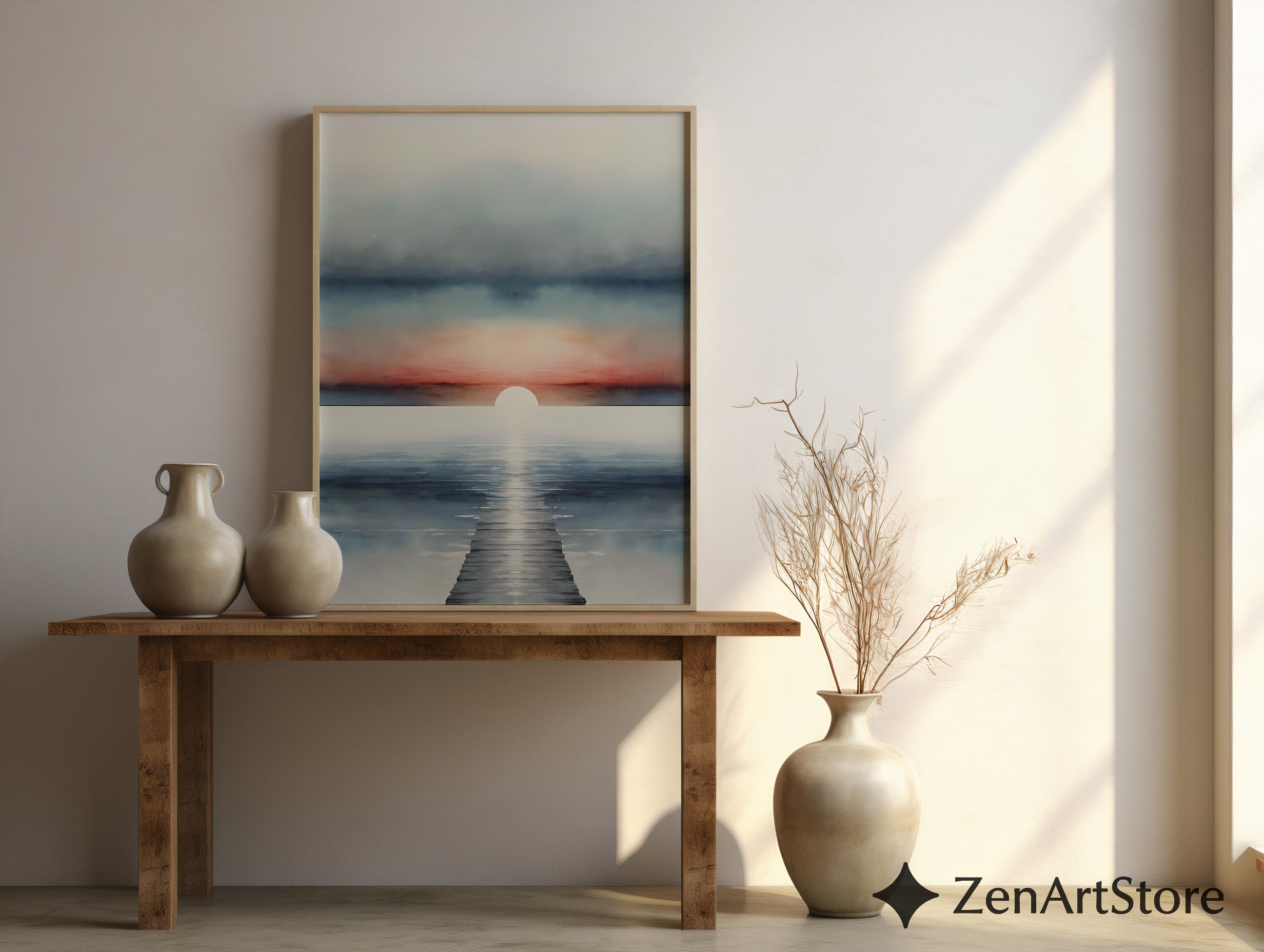 Serene Sunrise Seascape Print - Minimal Coastal Wall Art, Pier Horizon, Modern Japandi Zen Living Room Decor