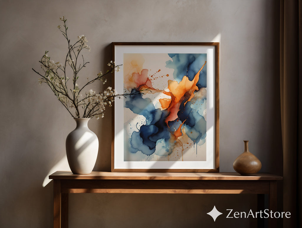 Abstract Navy & Orange Wall Art - Modern Alcohol Ink Print, Large Blue Orange Canvas, Minimal Japandi Home Decor