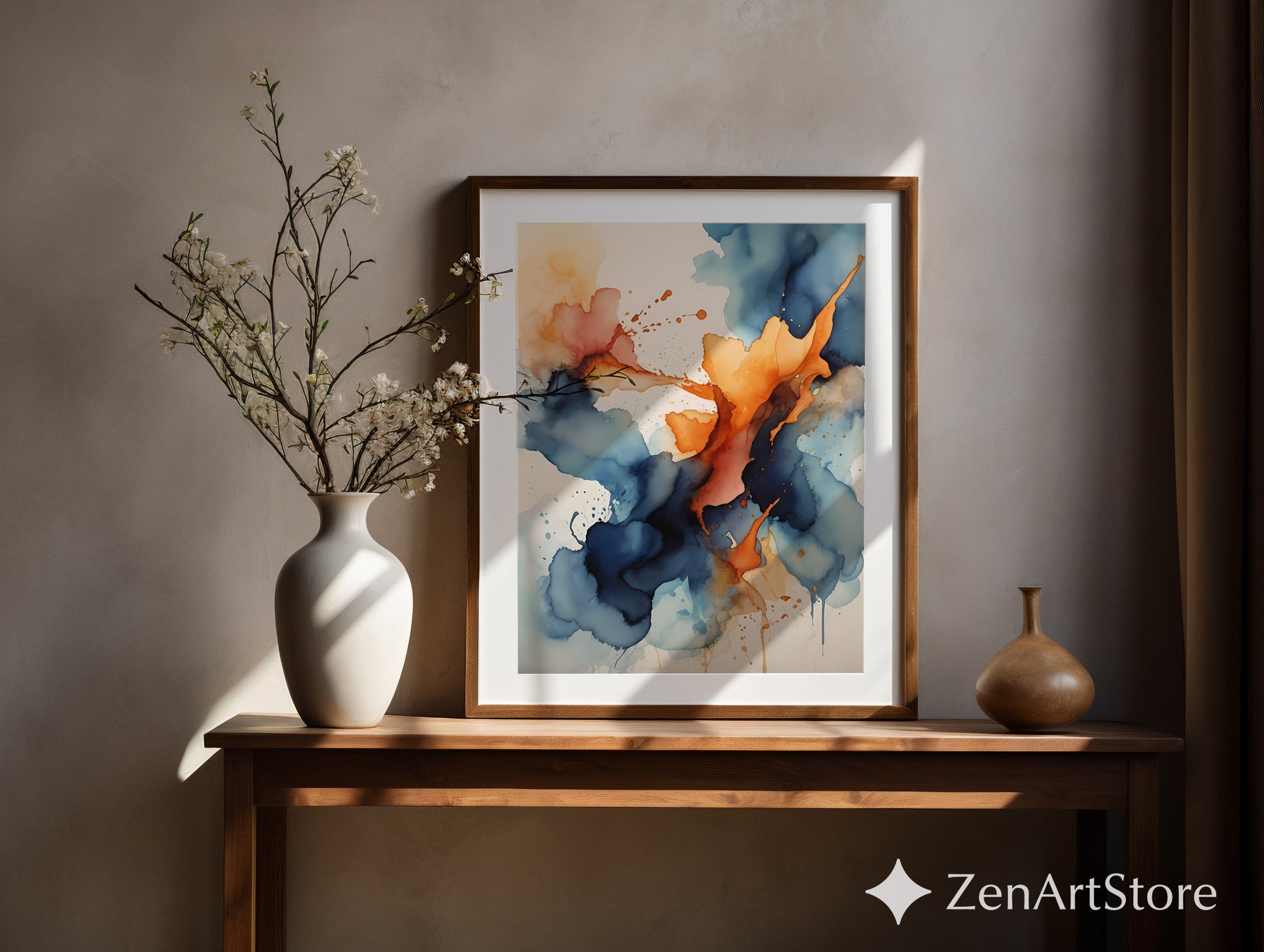 Abstract Navy & Orange Wall Art - Modern Alcohol Ink Print, Large Blue Orange Canvas, Minimal Japandi Home Decor