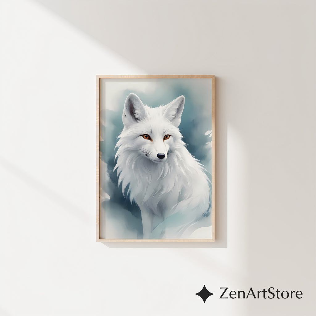 White Arctic Fox Wall Art - Minimal Scandinavian Japandi Fox Print, Neutral Modern Animal Portrait, Printable Digital Download for Home Decor