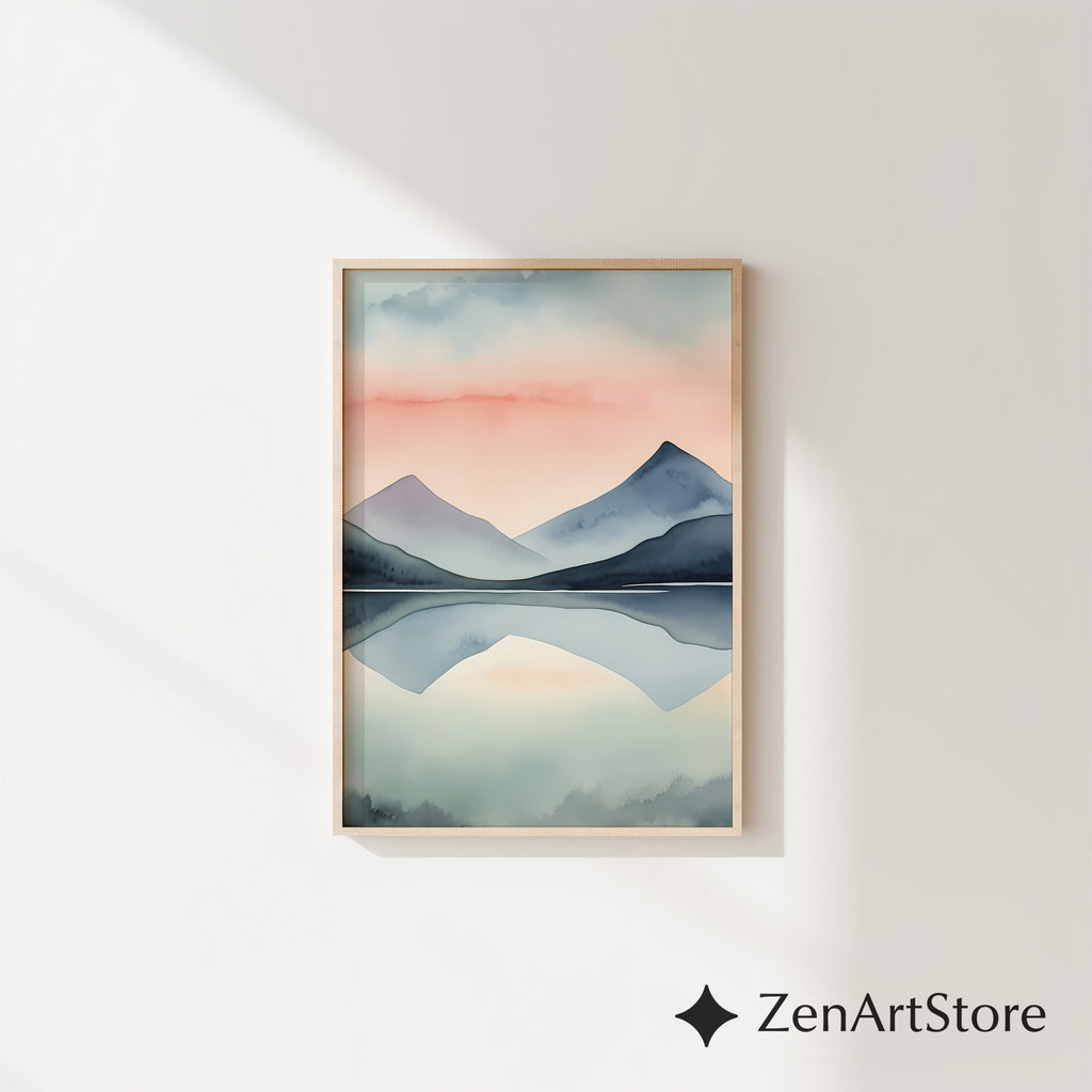 Minimal Mountain Watercolor Print - Pastel Sunset Reflection Zen Japandi Scandinavian Wall Art