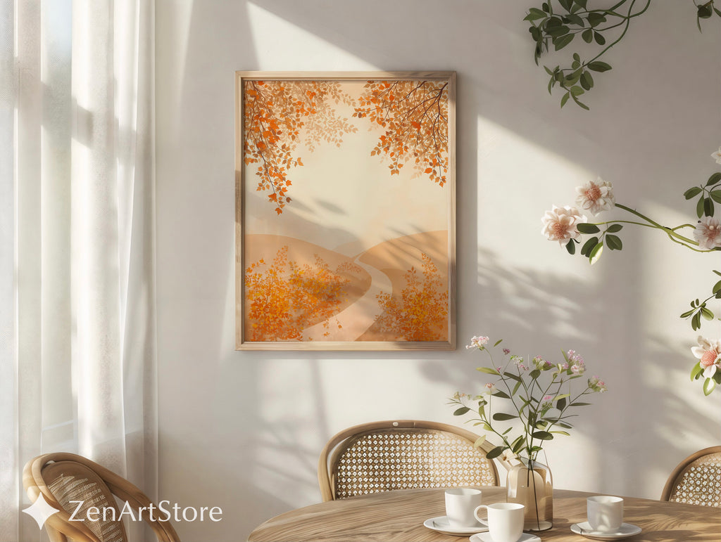 Autumn Pathway Neutral Wall Art - Minimal Beige Landscape Print for Japandi & Scandinavian Home Decor