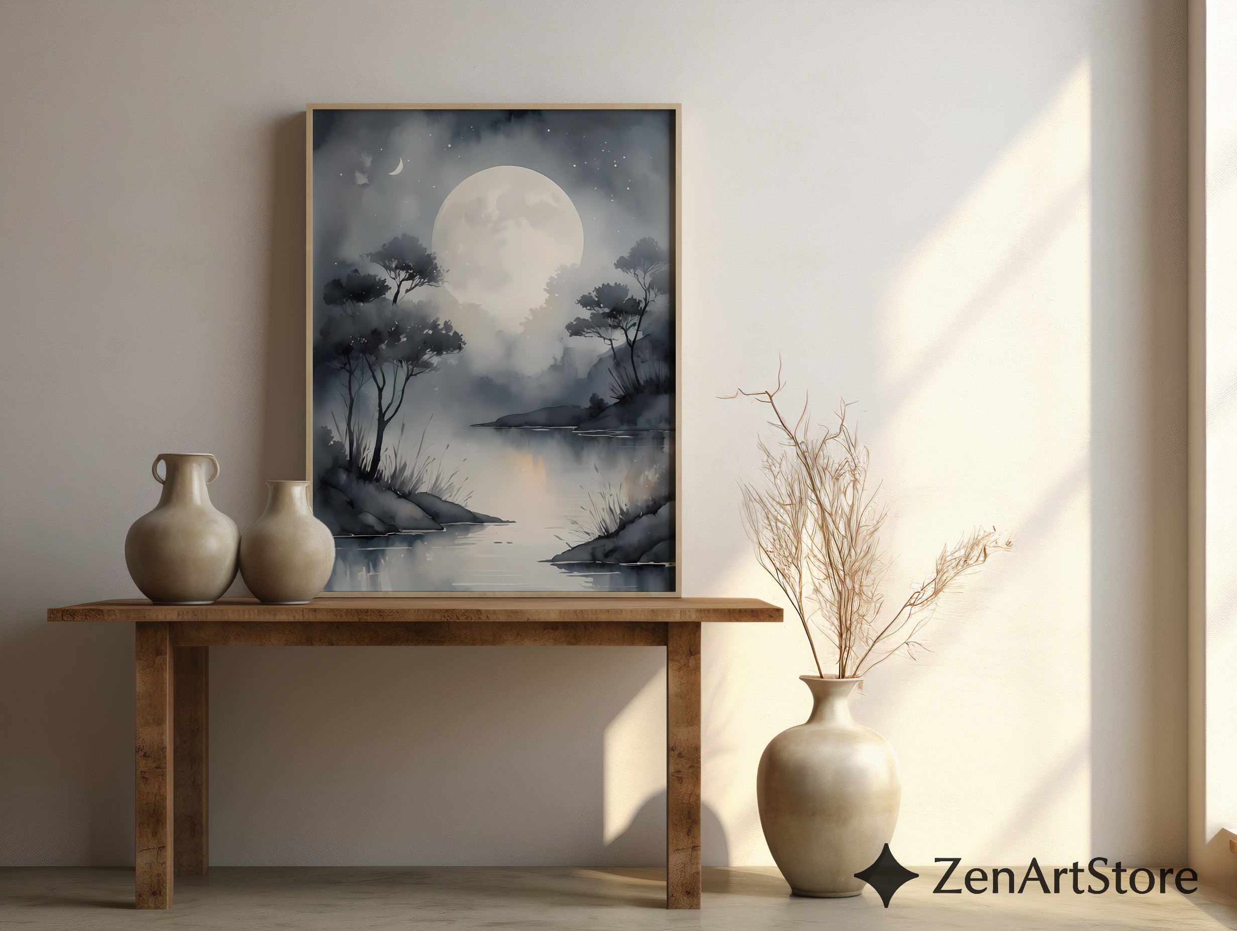 Moonlit Lake Wall Art Print - Serene Minimalist Moon Landscape, Grayscale Japandi Zen Home Decor