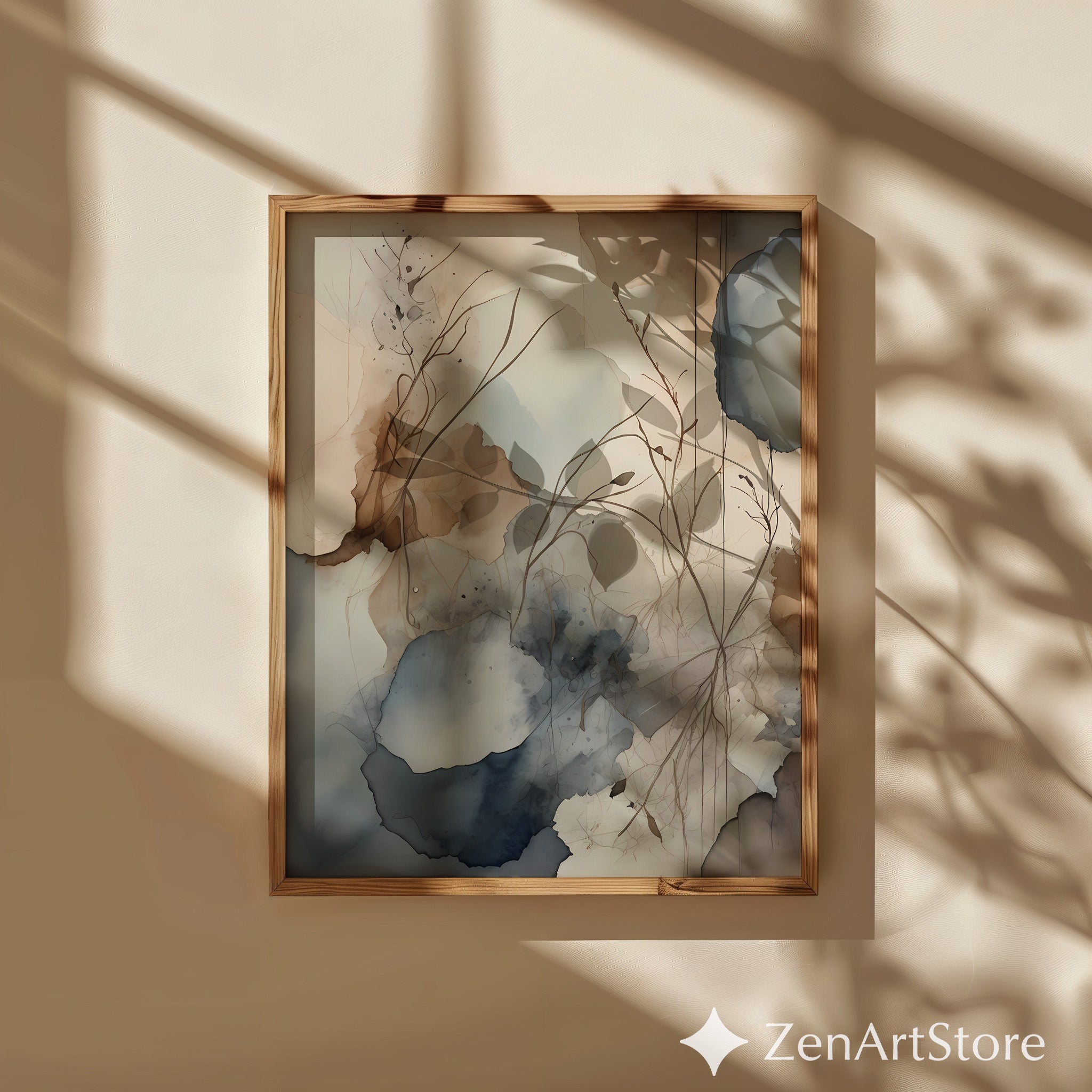 Abstract Botanical Wall Art Neutral Watercolor Print - Beige Blue Minimal Japandi Floral Canvas for Living Room