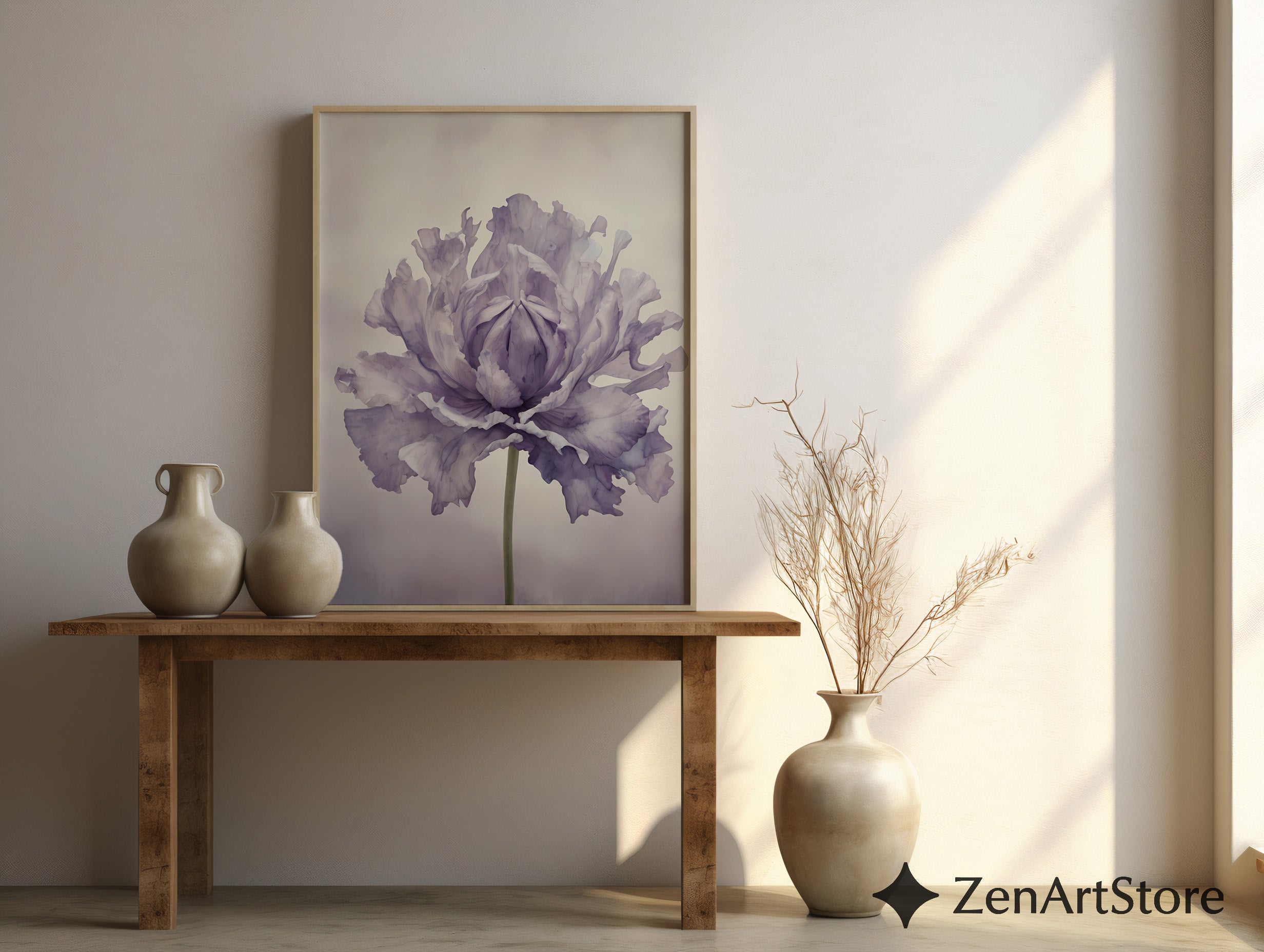 Lavender Peony Botanical Wall Art Print - Minimal Floral Fine Art for Scandinavian Japandi Wabi Sabi Home Decor