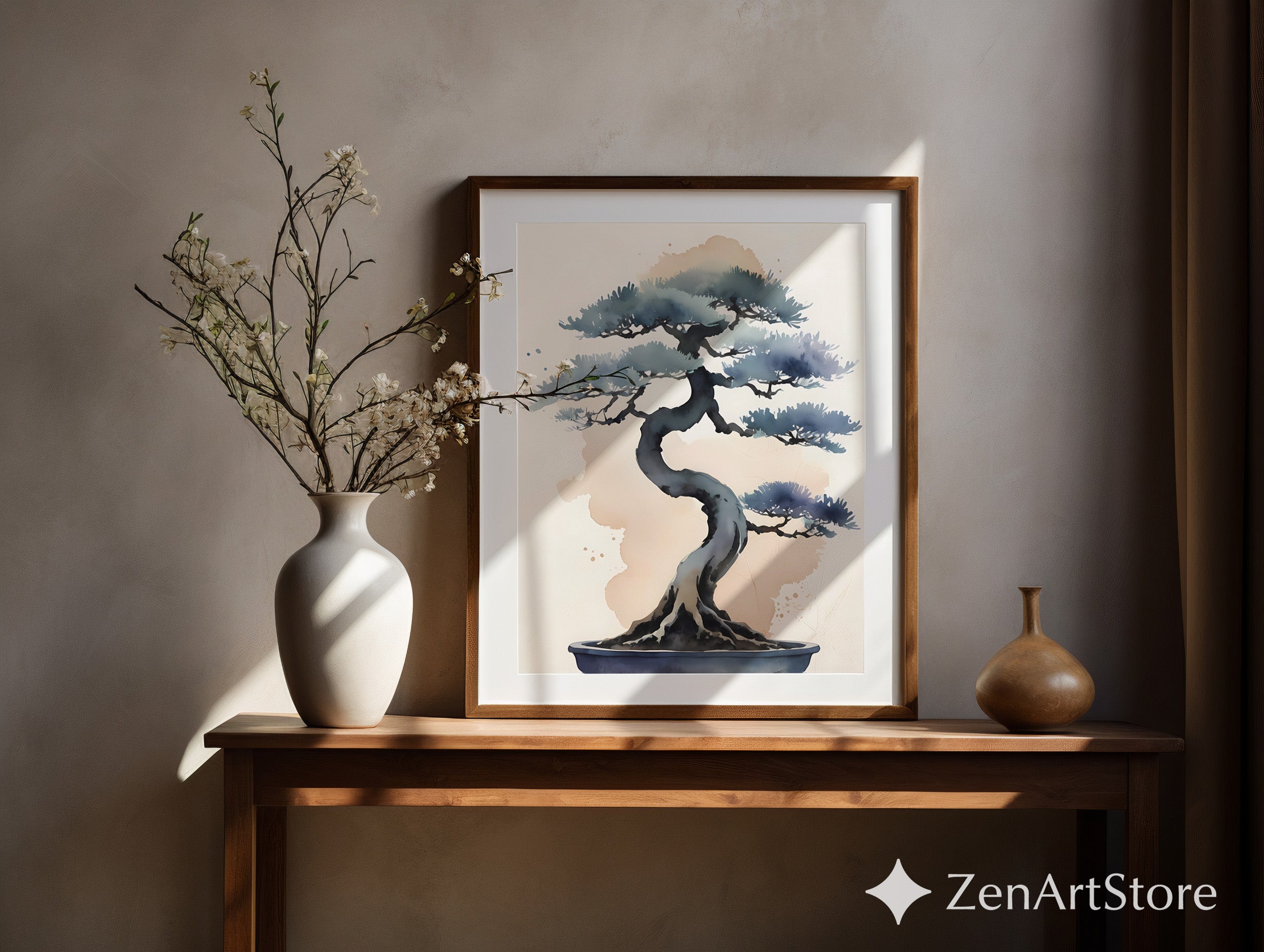 Minimal Bonsai Watercolor Art Print - Japandi Zen Wall Decor, Neutral Blue Beige Botanical Painting for Modern Home