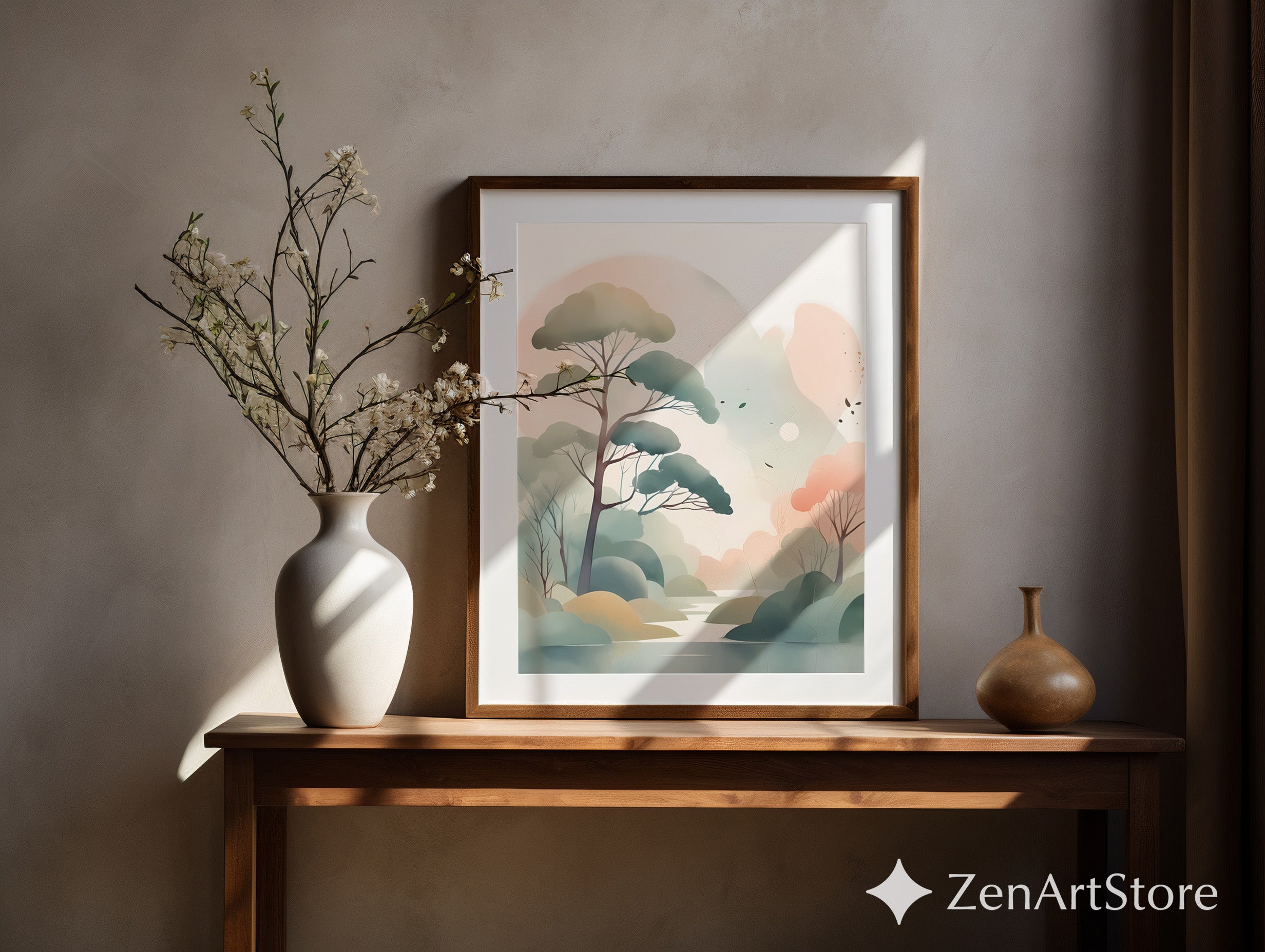 Serene Pastel Landscape Wall Art - Minimal Japandi Tree Print, Neutral Scandinavian Zen Botanical for Living Room & Bedroom