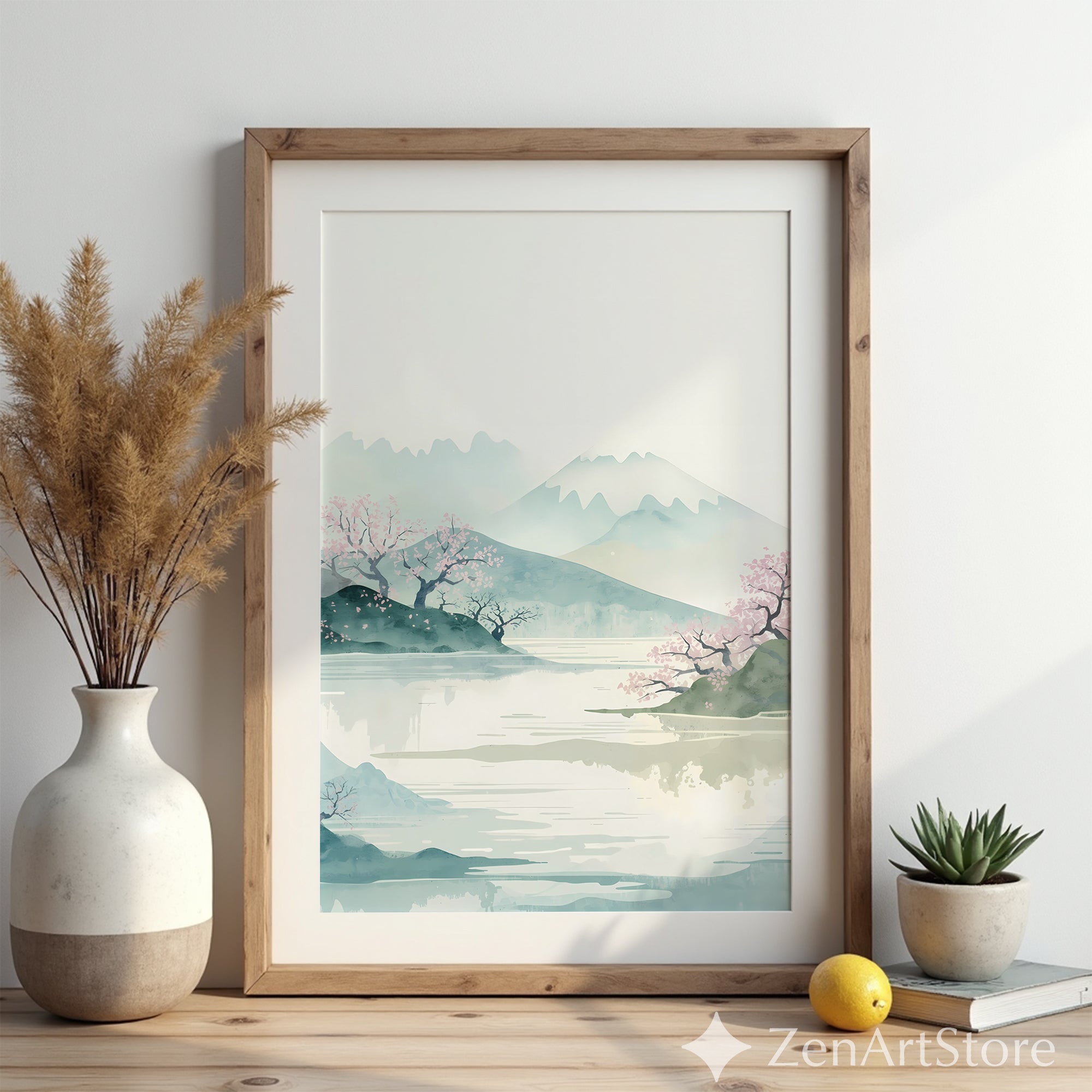 Serene Cherry Blossom Watercolor Landscape Print — Japandi Minimalist Wall Art for Living Room & Bedroom