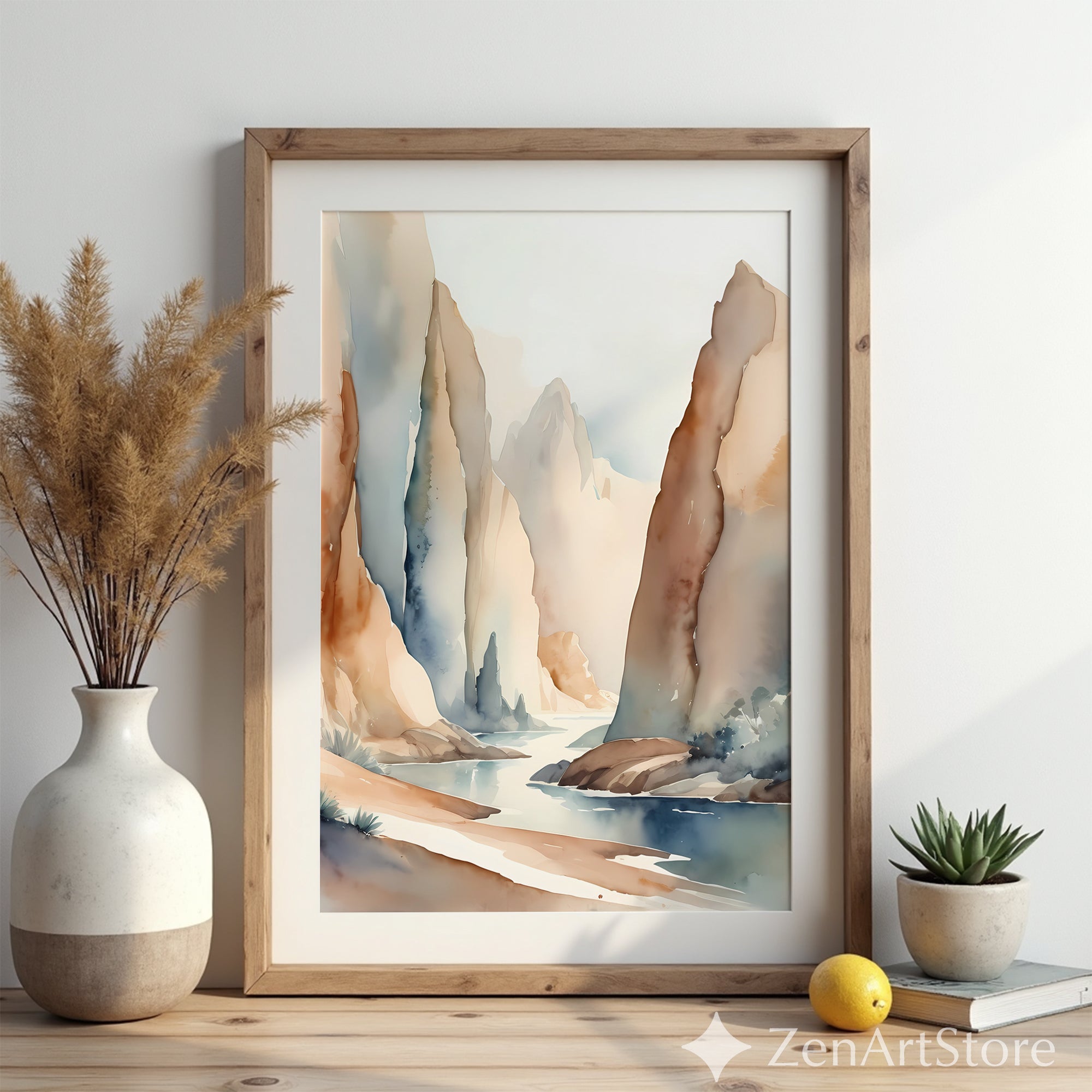 Neutral Watercolor Mountain Landscape Print Calm Zen Abstract River Art for Japandi Scandinavian Minimal Home Decor