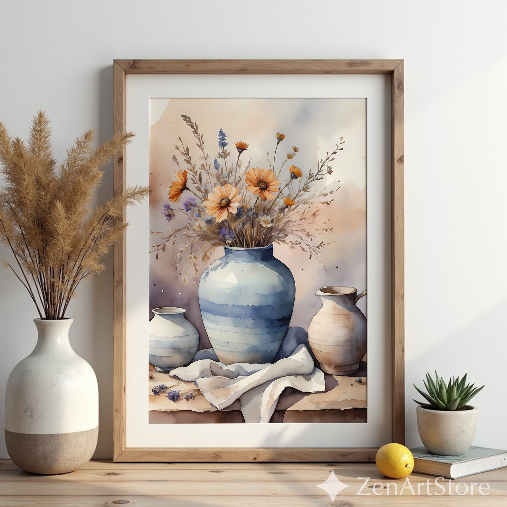 Watercolor Floral Vase Print - Neutral Still Life Wall Art for Living Room, Scandinavian Japandi Botanical Decor