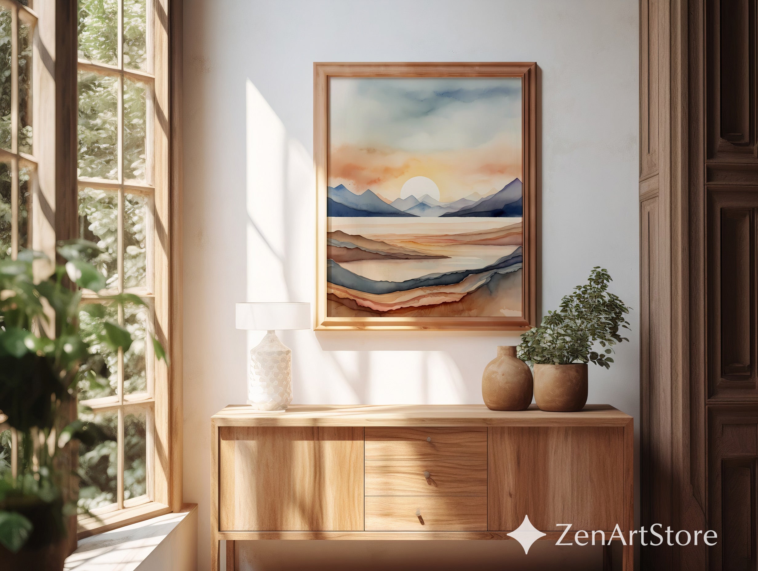 Watercolor Mountain Sunset Print - Neutral Abstract Landscape Wall Art, Minimalist Japandi Boho Home Decor