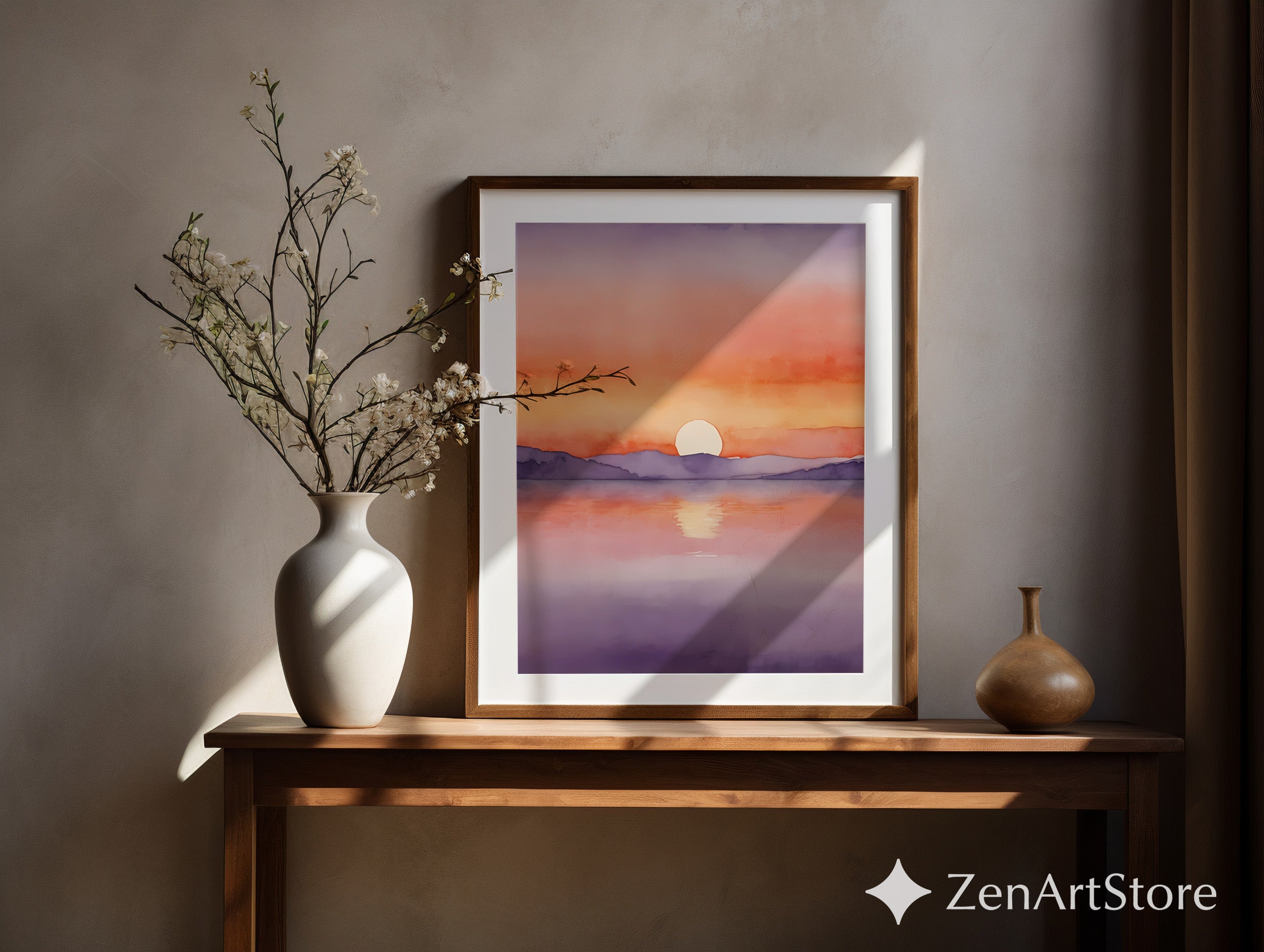 Sunset Watercolor Landscape Print - Minimal Sunrise Art for Japandi & Scandinavian Calming Wall Decor