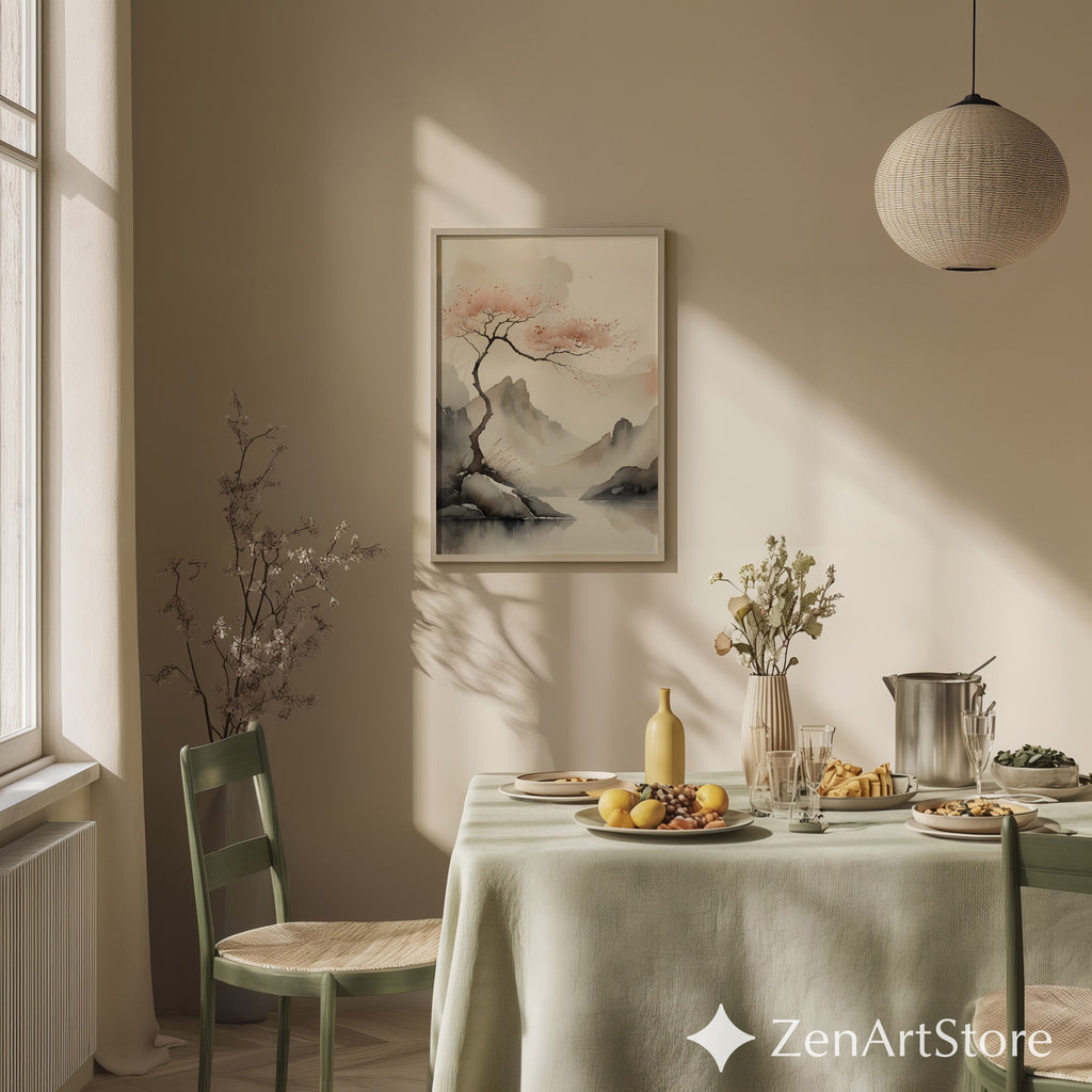 Serene Japandi Watercolor Landscape Print - Minimal Cherry Blossom Tree, Zen Wabi Sabi Wall Art for Living Room