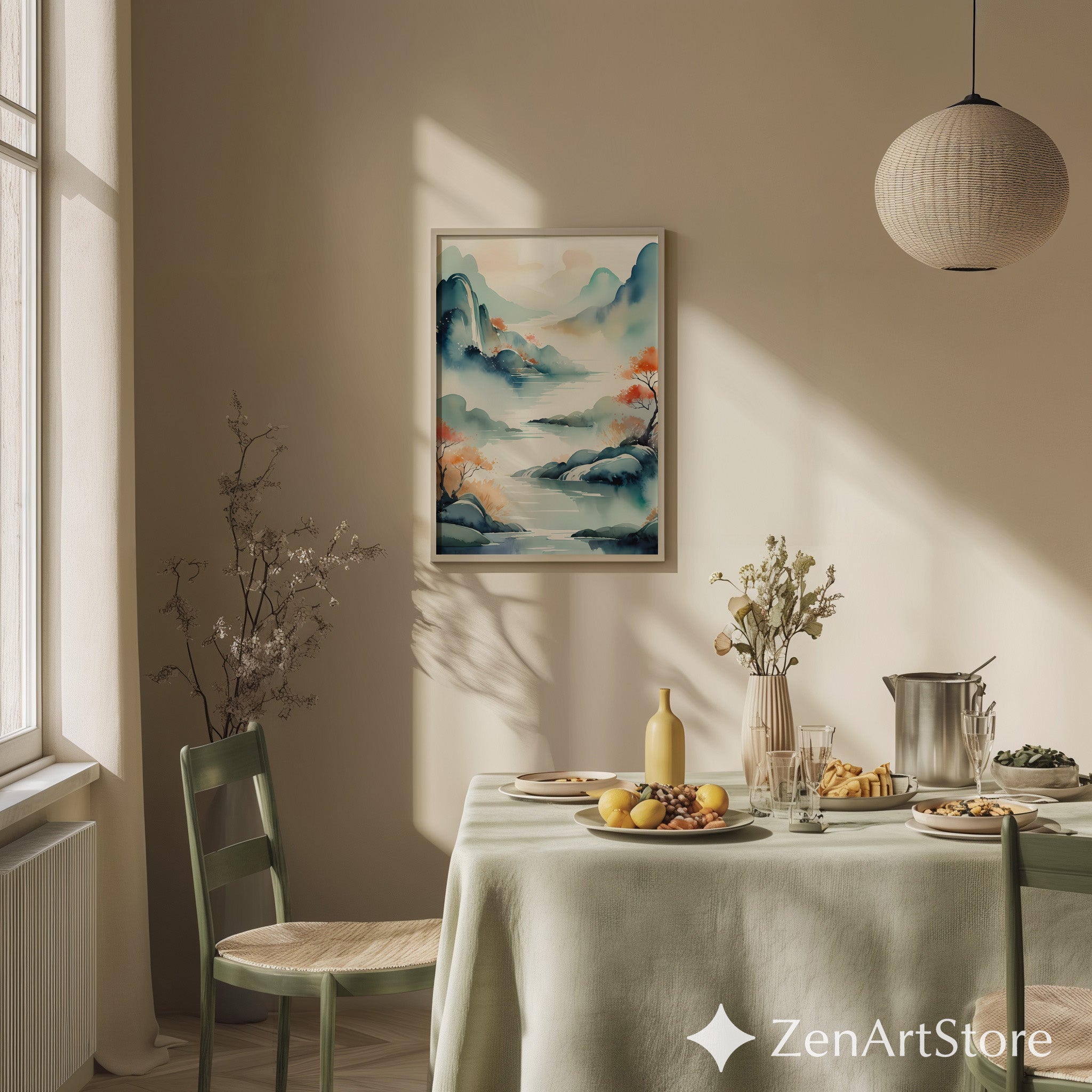 Serene Watercolor Landscape Print - Japandi Zen Mountain Lake Wall Art, Minimal Botanical Home Decor