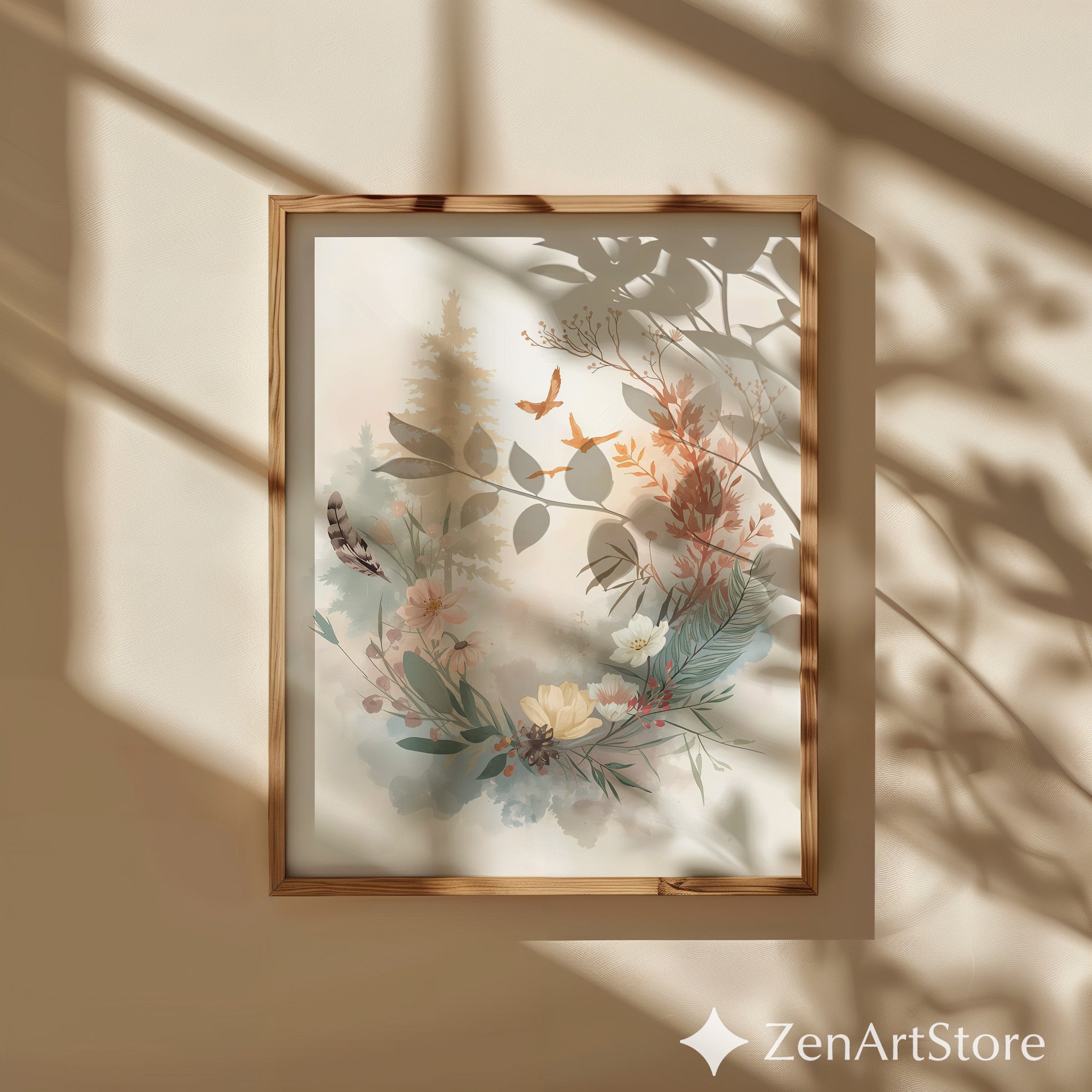 Neutral Watercolor Botanical Wreath Print – Minimal Floral Wall Art for Japandi, Boho, Scandinavian Home Decor