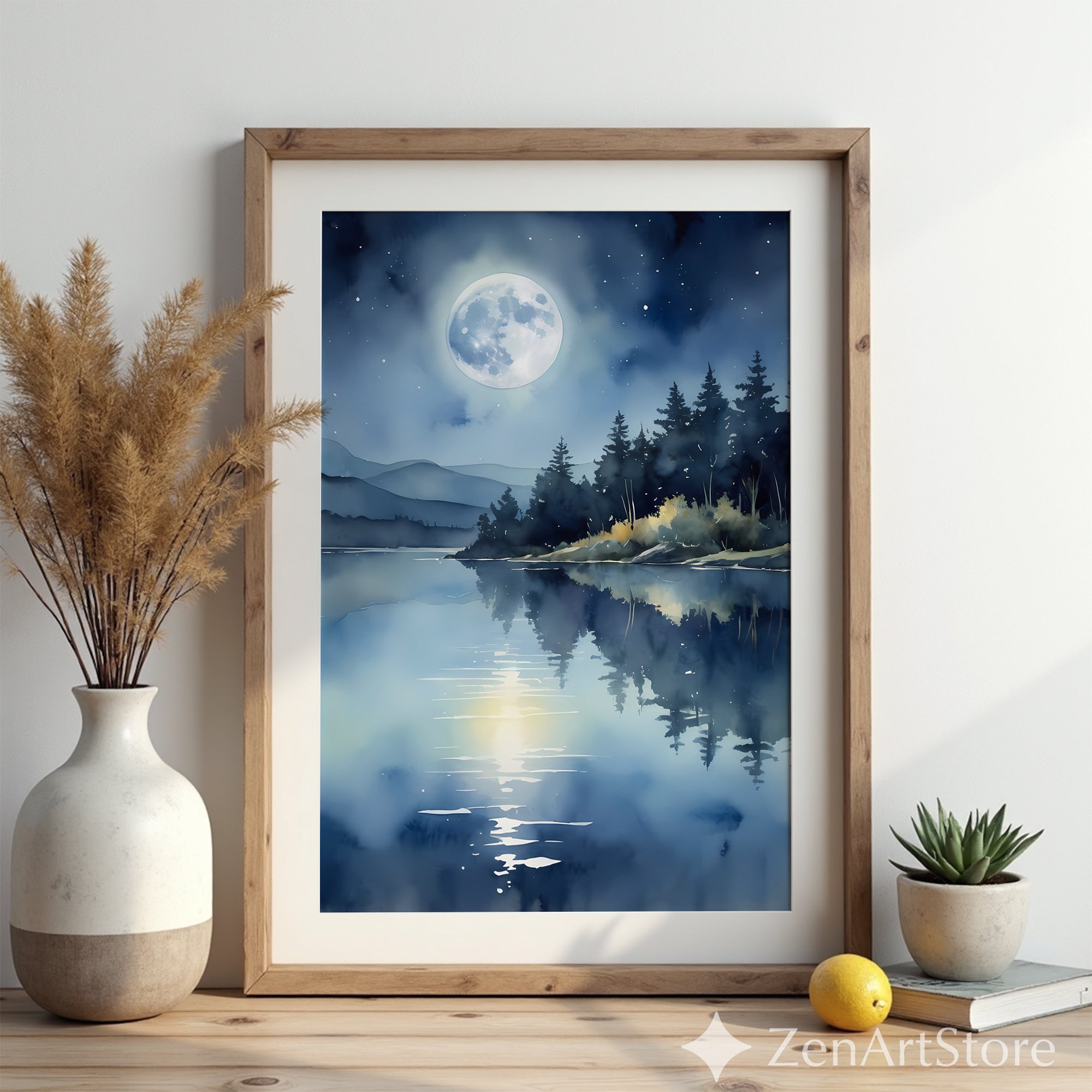 Moonlight Lake Wall Art - Serene Blue Night Landscape Print, Minimal Zen Moon Reflection for Bedroom Living Room Decor