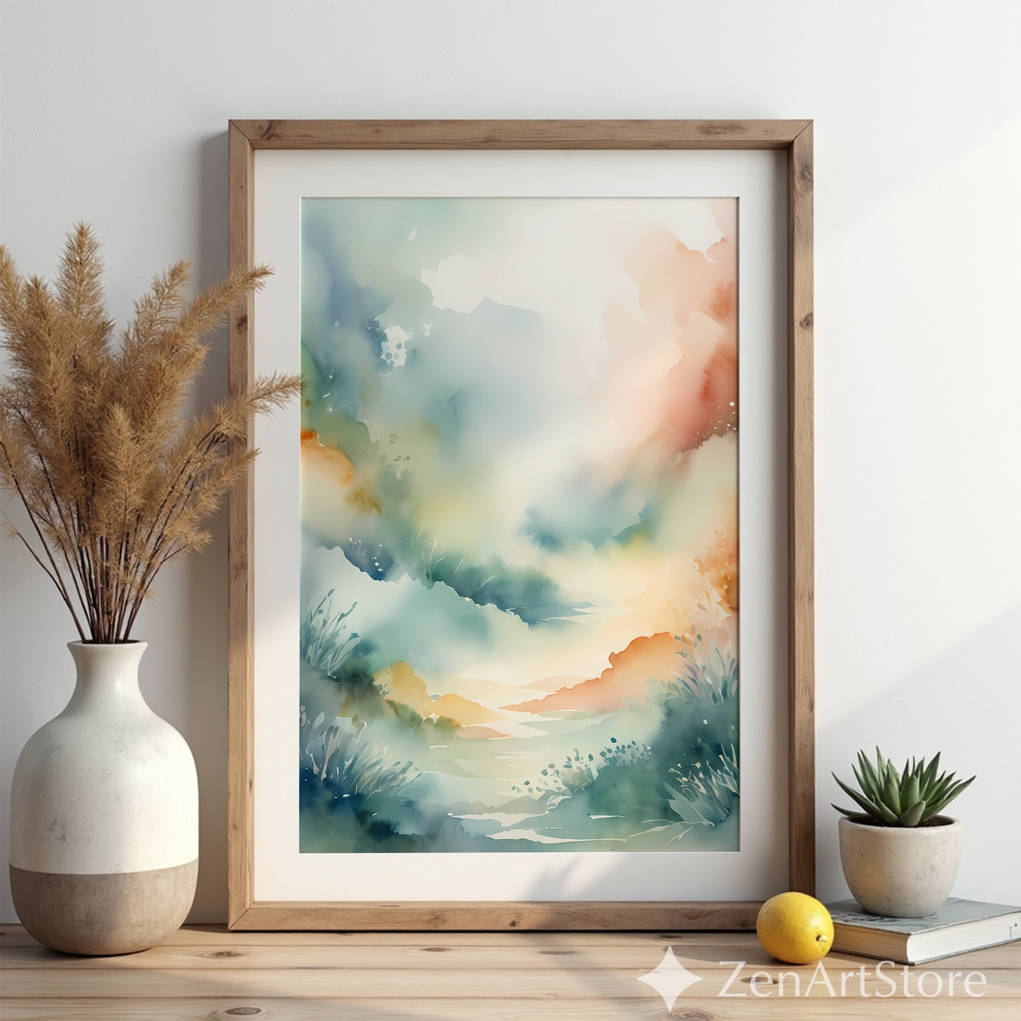 Soft Pastel Watercolor Landscape Print - Misty Valley Abstract Wall Art for Living Room, Nursery, Japandi Scandi Home Decor