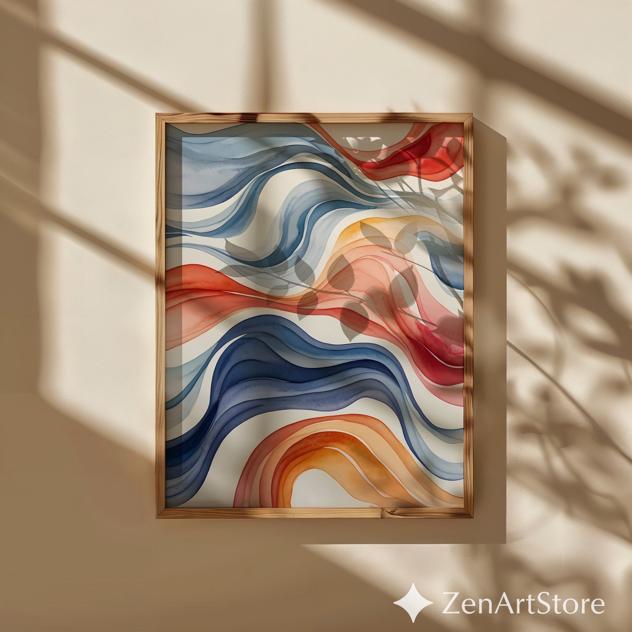 Abstract Wave Watercolor Print - Blue Coral Orange Modern Wall Art for Living Room, Minimal Home Decor