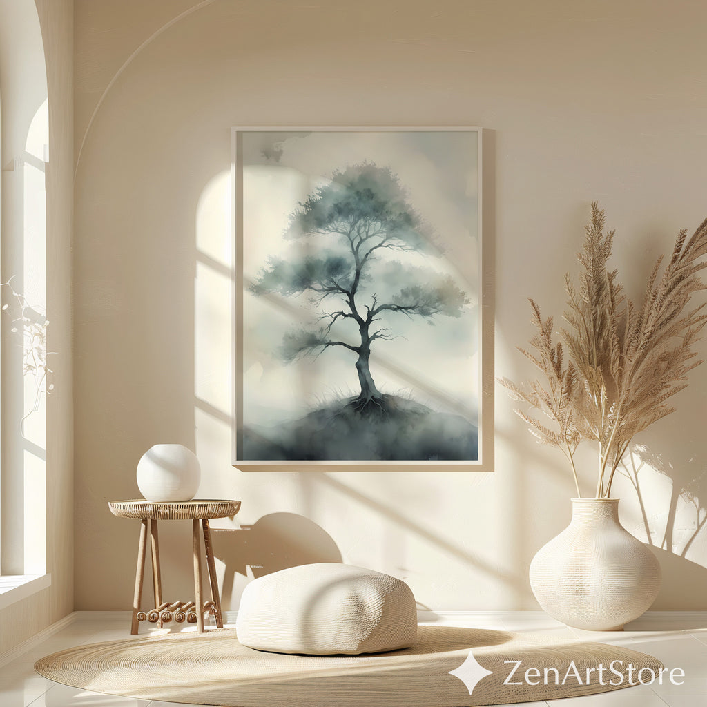 Misty Tree Watercolor Print - Minimal Zen Tree Wall Art, Japandi Neutral Botanical Canvas for Living Room & Bedroom
