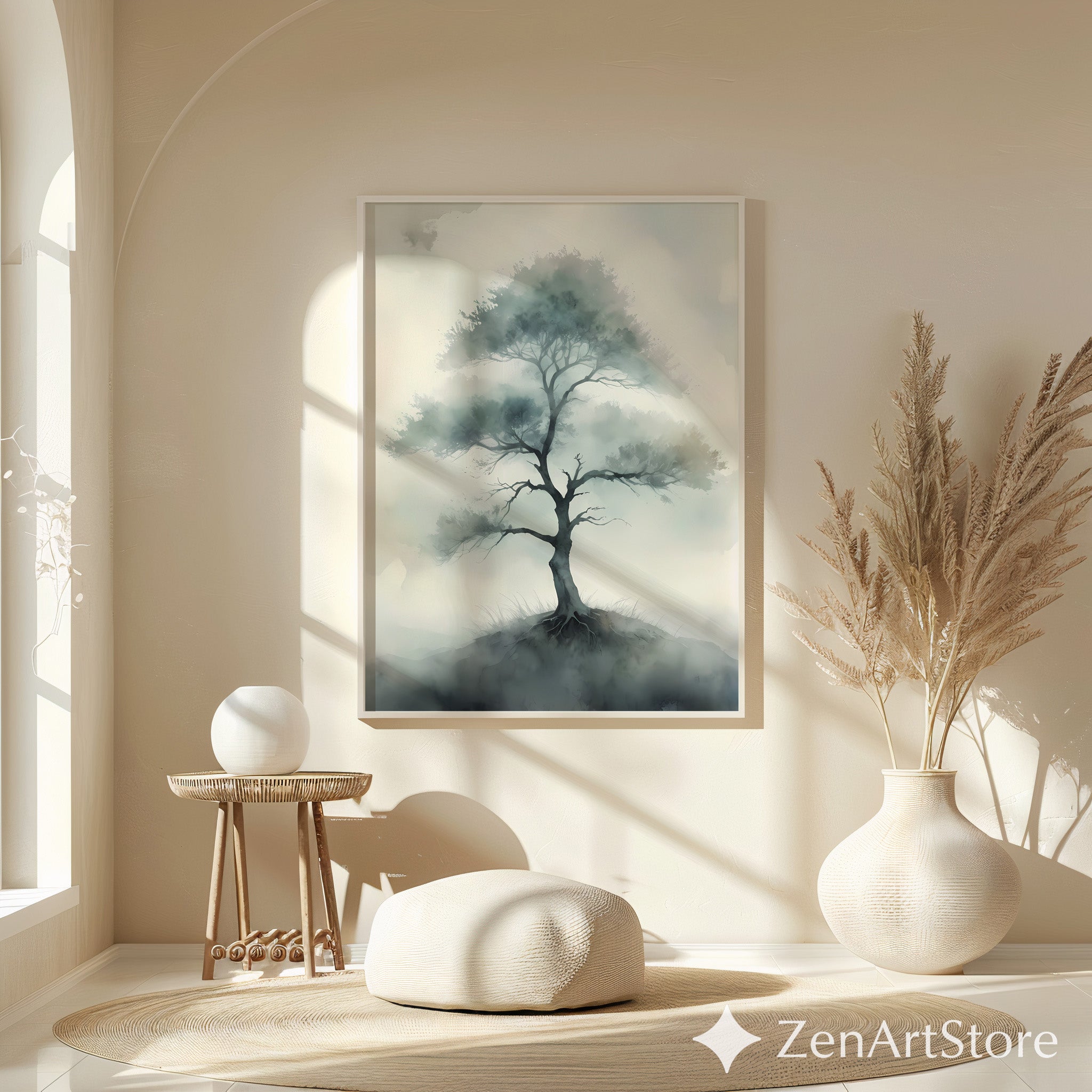 Misty Tree Watercolor Print - Minimal Zen Tree Wall Art, Japandi Neutral Botanical Canvas for Living Room & Bedroom