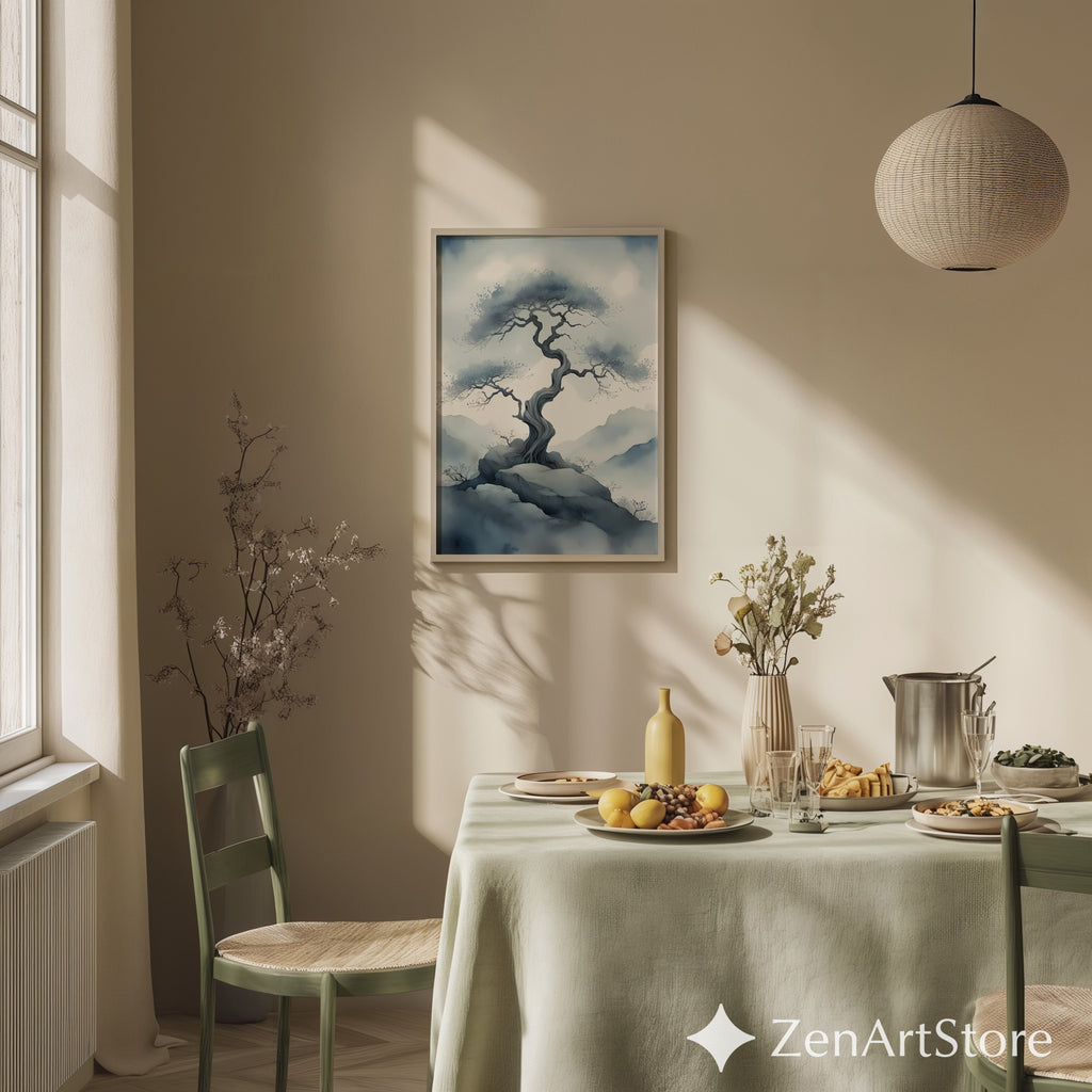 Misty Bonsai Tree Wall Art – Minimal Zen Landscape Print, Japandi Neutral Canvas or Printable for Living Room