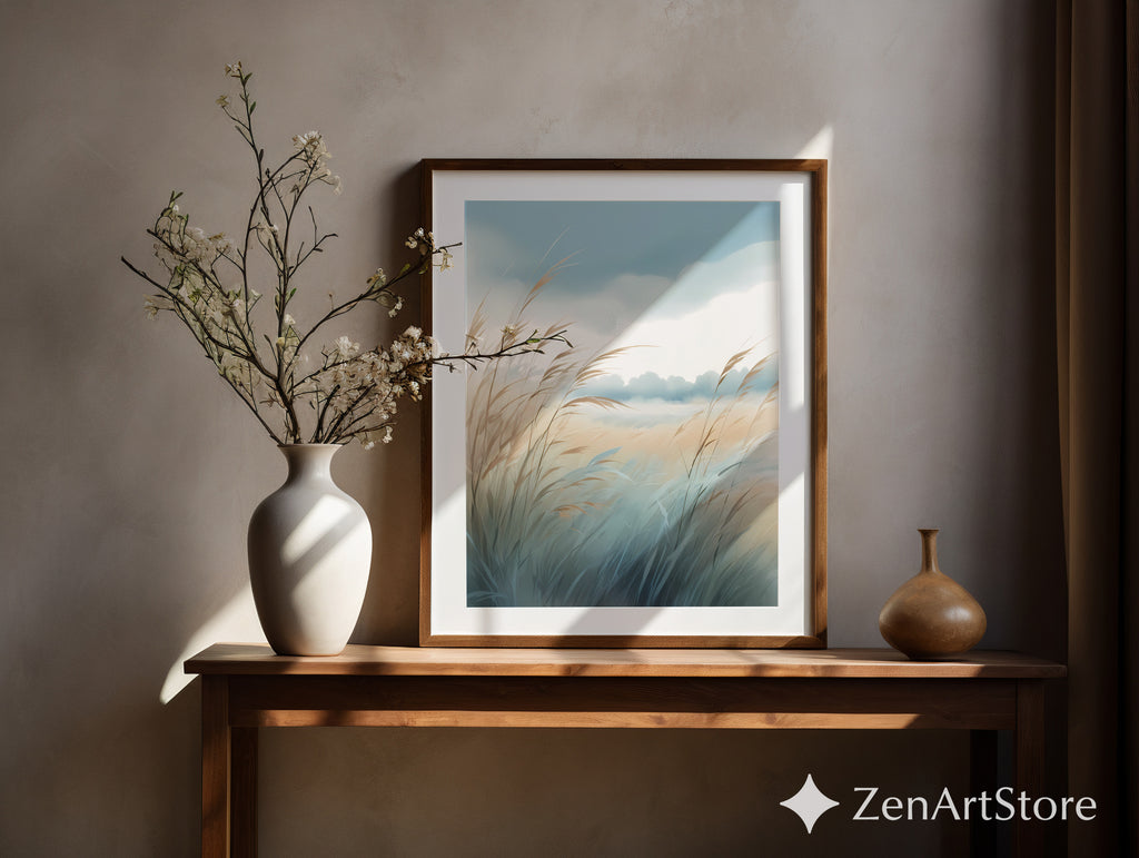 Serene Coastal Grass Landscape Print – Minimal Pastel Botanical Wall Art, Neutral Zen Decor for Living Room, Bedroom, Japandi & Boho Interiors